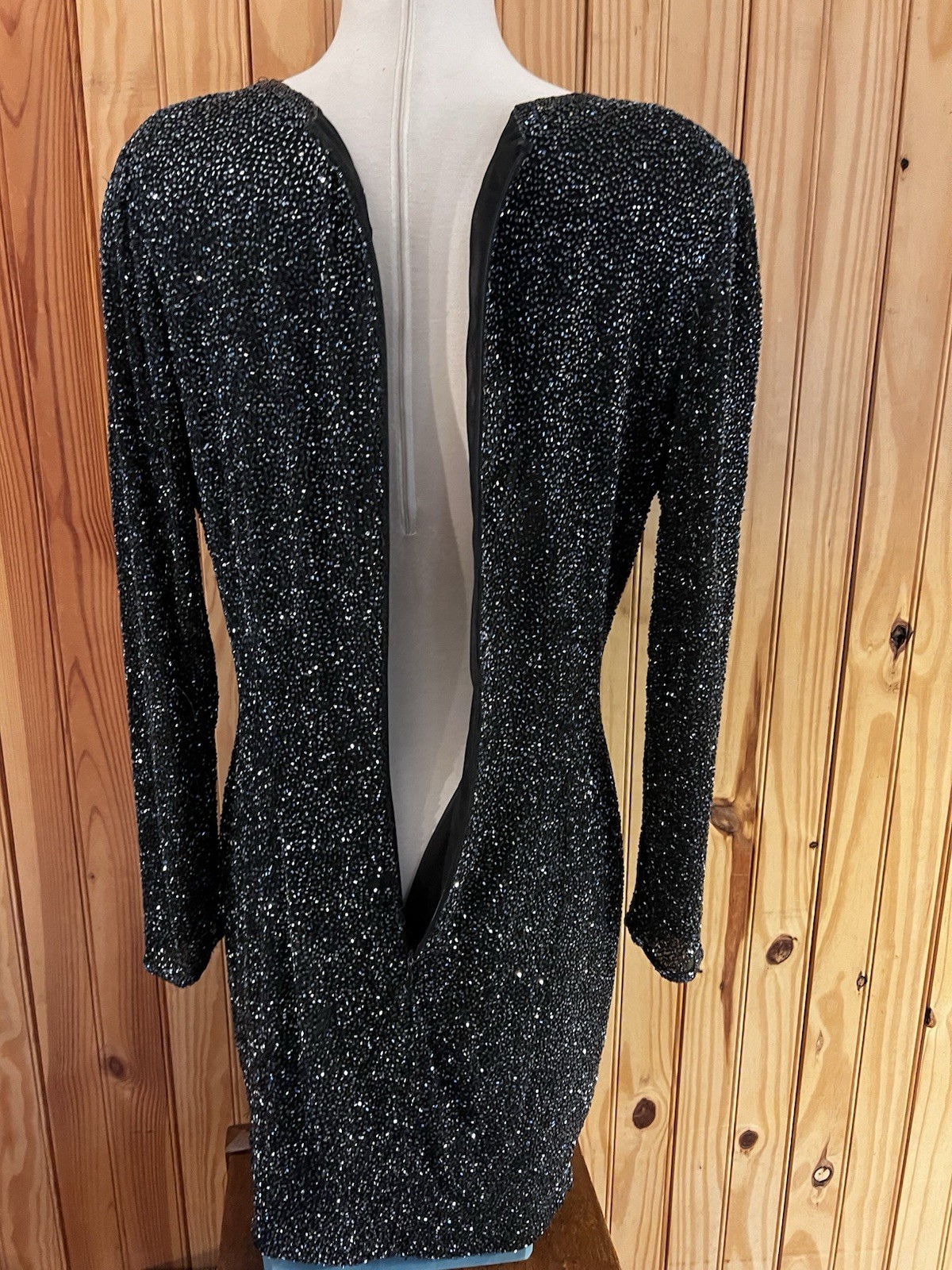 Vtg Naeem Khan Lillie Riazee Sequin Beaded mini long sleeve body con dress 80’s