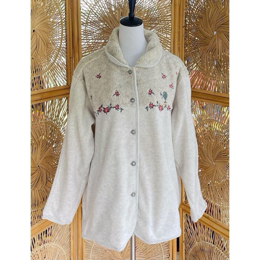 Vintage Northern Reflections Cream Gray Blend Fleece Embroidered Flowers Jacket