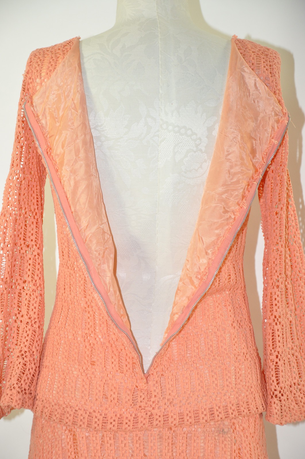 60s Vintage Orange Sorbet Crochet Knit Lace Dropped Waist Mini Dress Women S M