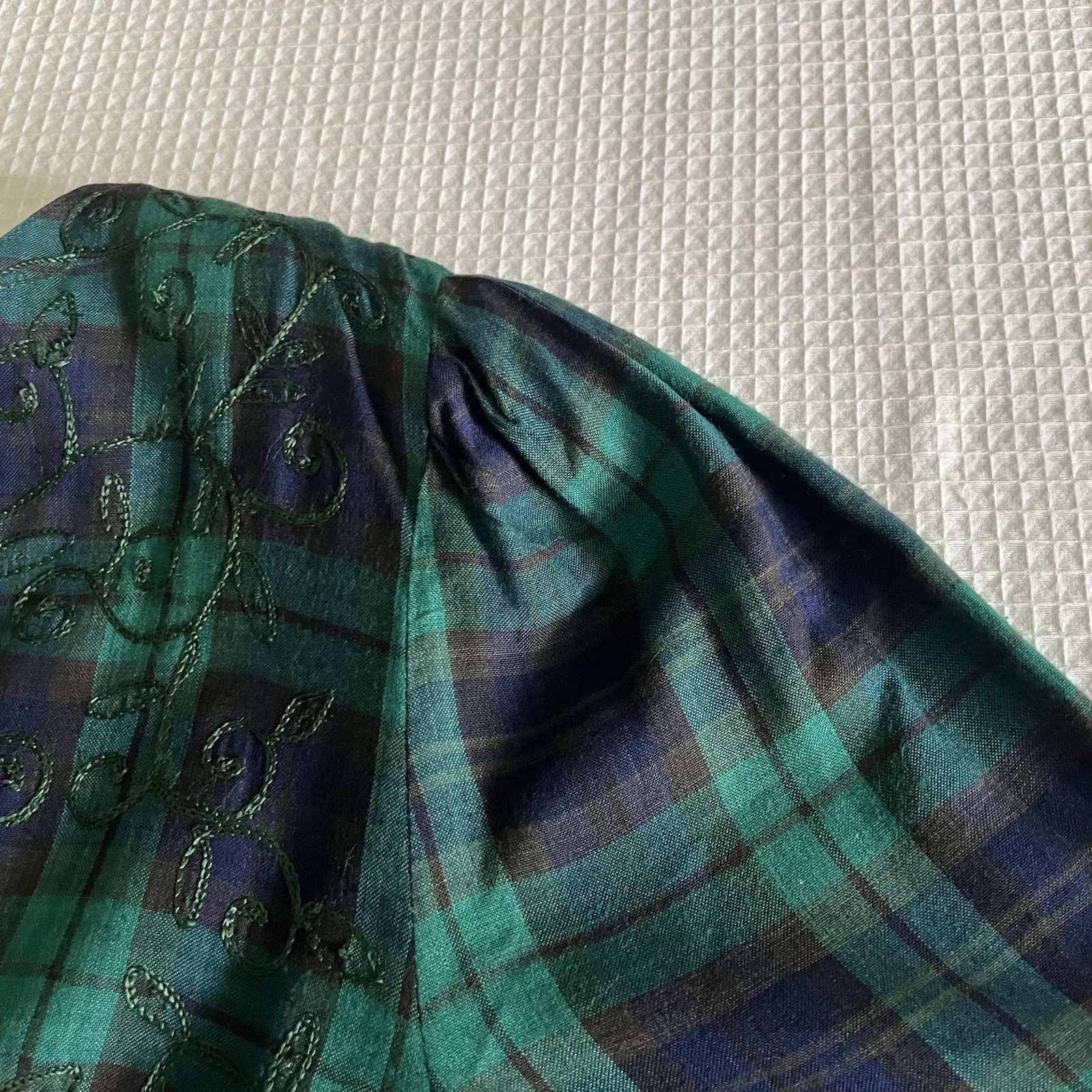 VTG LGS 90s Plaid Embroidered Drop Waist Maxi Dress 12 Tartan Plaid Shoulder Pad