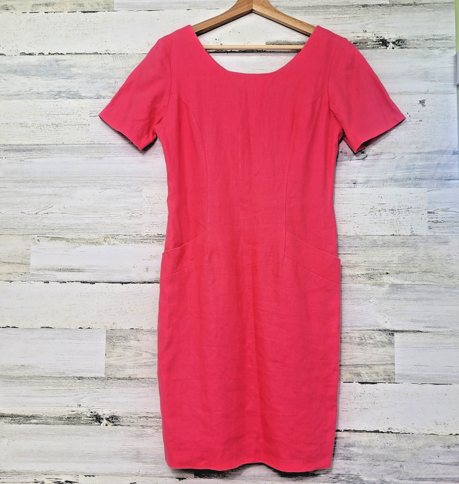 Vintage 90s Ellen Ashley Pink Linen Sheath Dress Pockets Lined Size 4