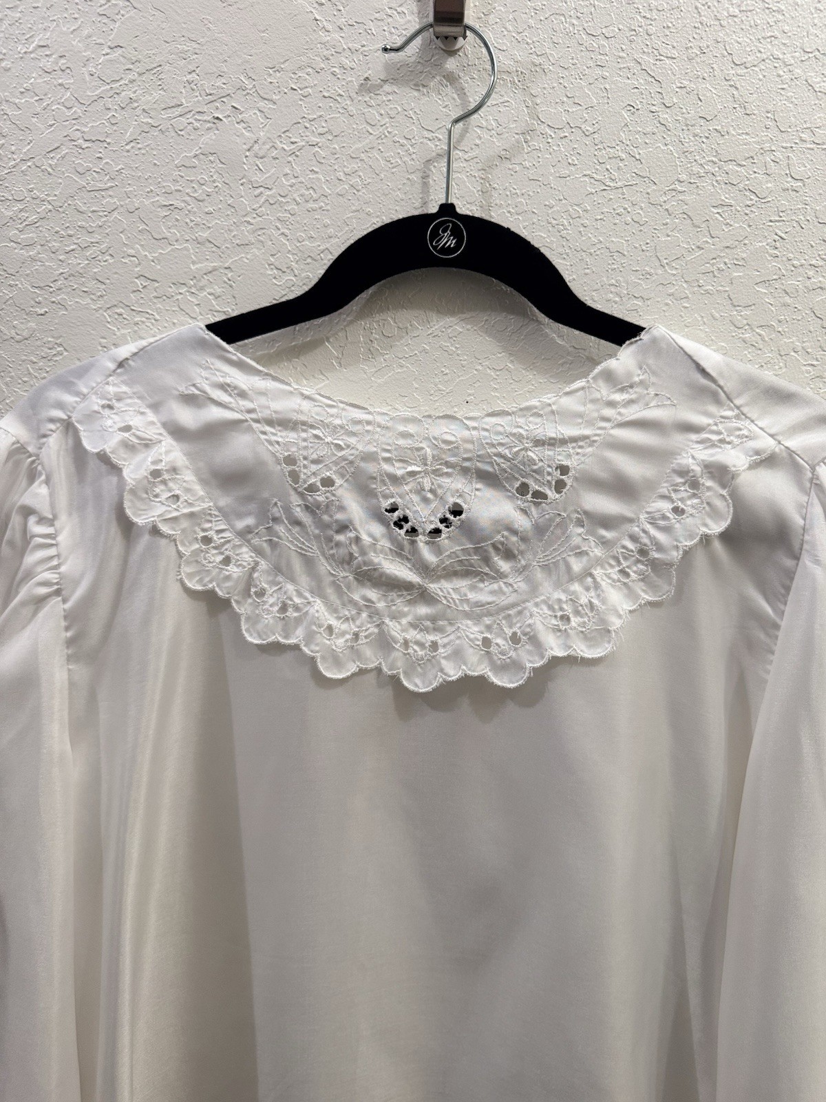 Vintage 1970s White Lace Collar Puff Sleeve Blouse Cottagecore Boho 16