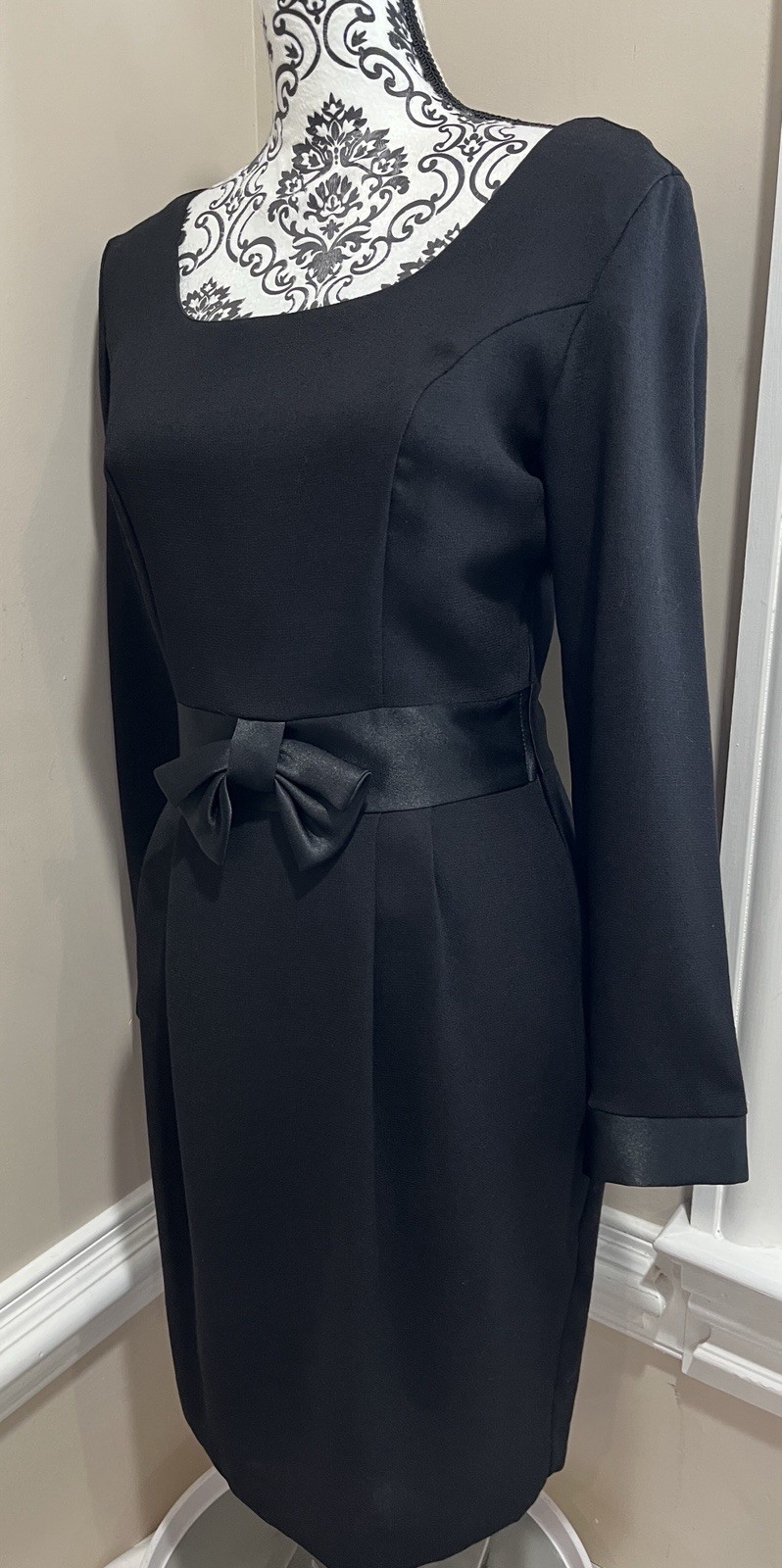 VTG Laura Ashley Black Dress Bow Front Satin Trim Audrey Hepburn 50s’ Sz 6