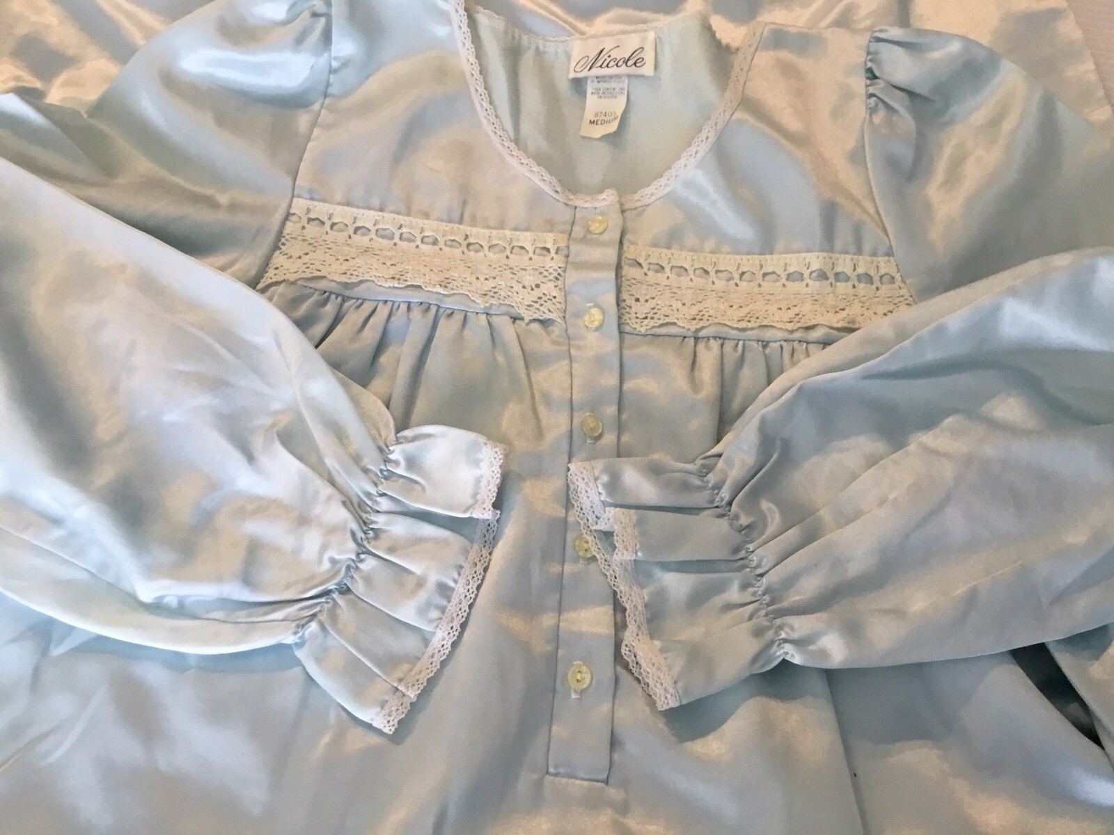Nicole Vintage night gown Blue M USA poly cotton Blend Satin mid-calf