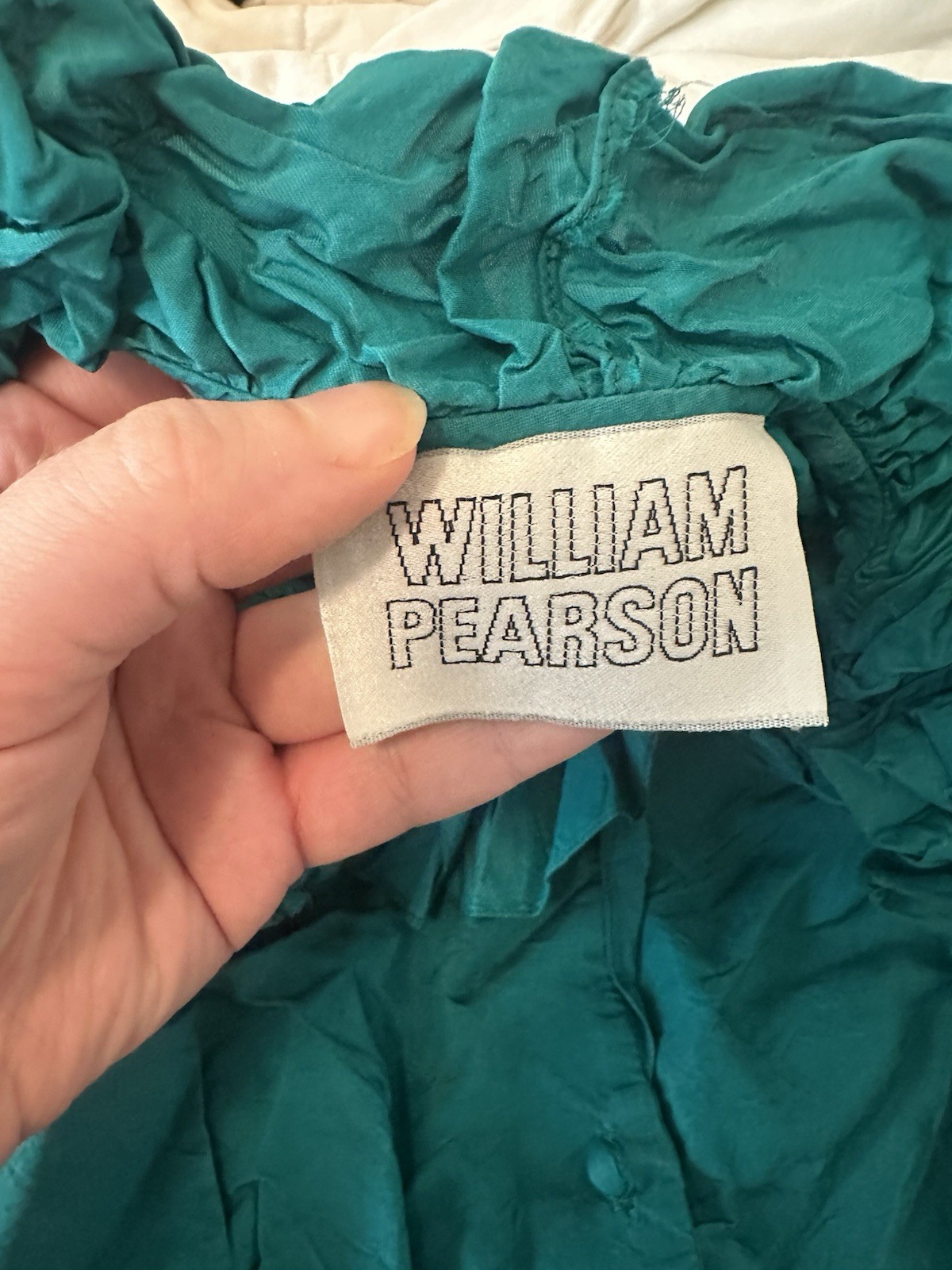 VTG 50s William Pearson Retro Midi Dress Ruffle Collar High Neck Emerald Green S