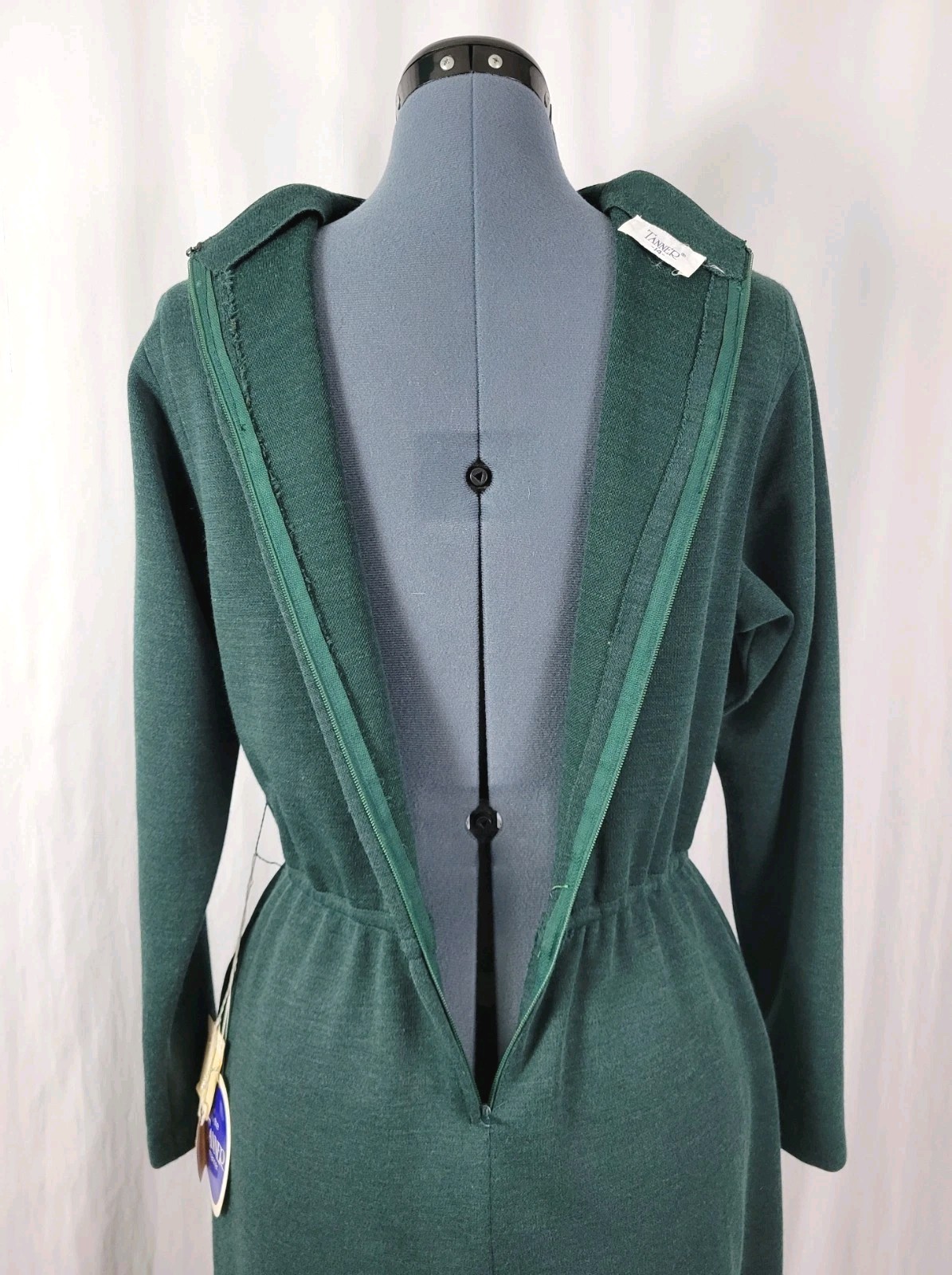 Vintage Tanner Green Wool Blend Blouson Dress w Elastic Waist Size 14