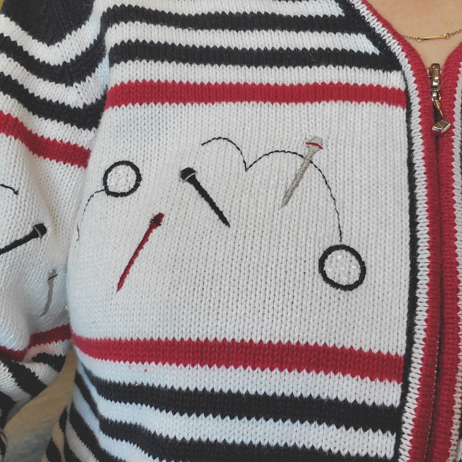 90s M Novelty Golf Tee Zipup Cardigan Sweater Preppy Striped Navy Country Club