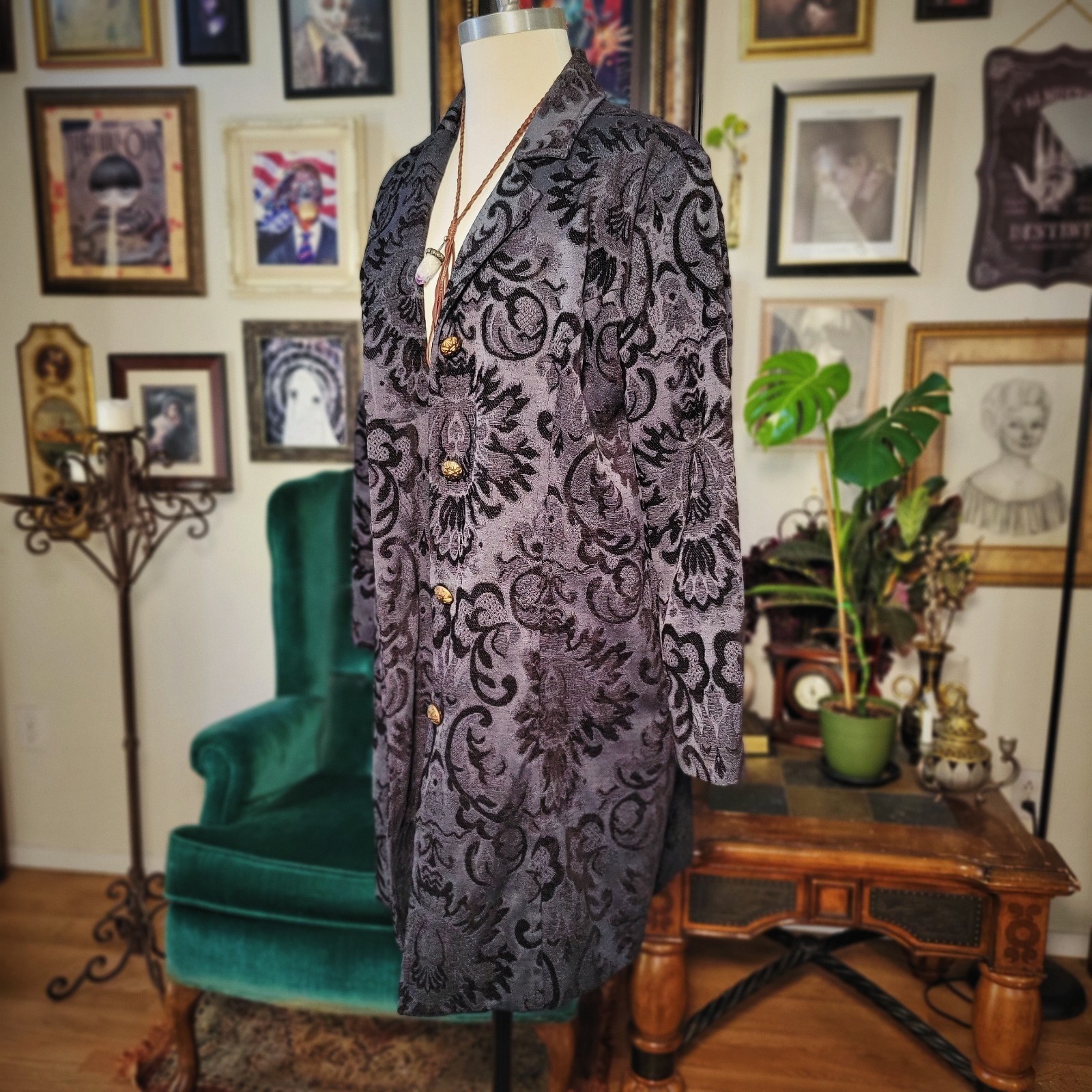 Erin London Damask Coat Vintage 90s Tapestry Grey Black Brocade Long Jacket M