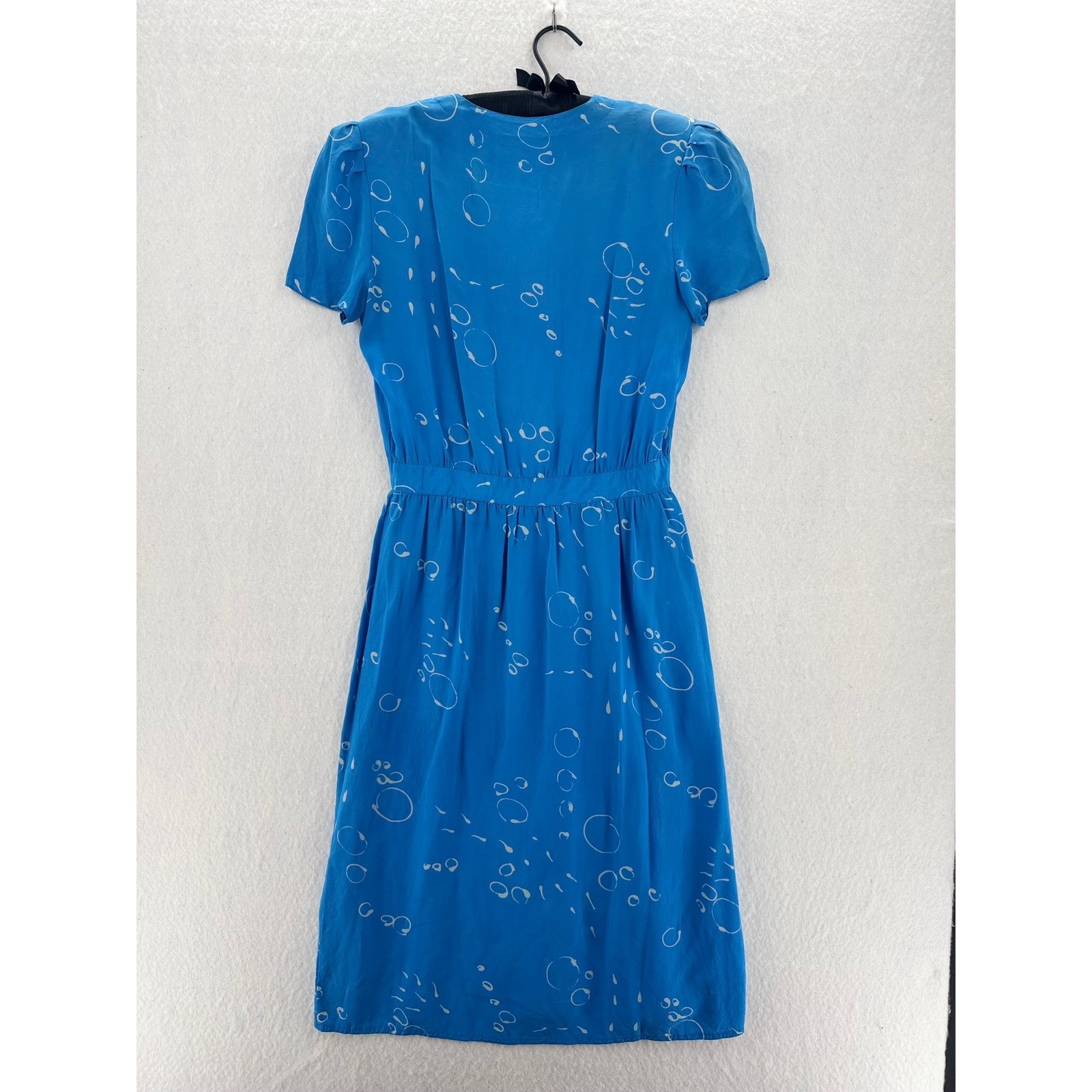 Vintage Maggy London 100% Silk Blue Abstract Bubble Print Dress V-Neck Size 6