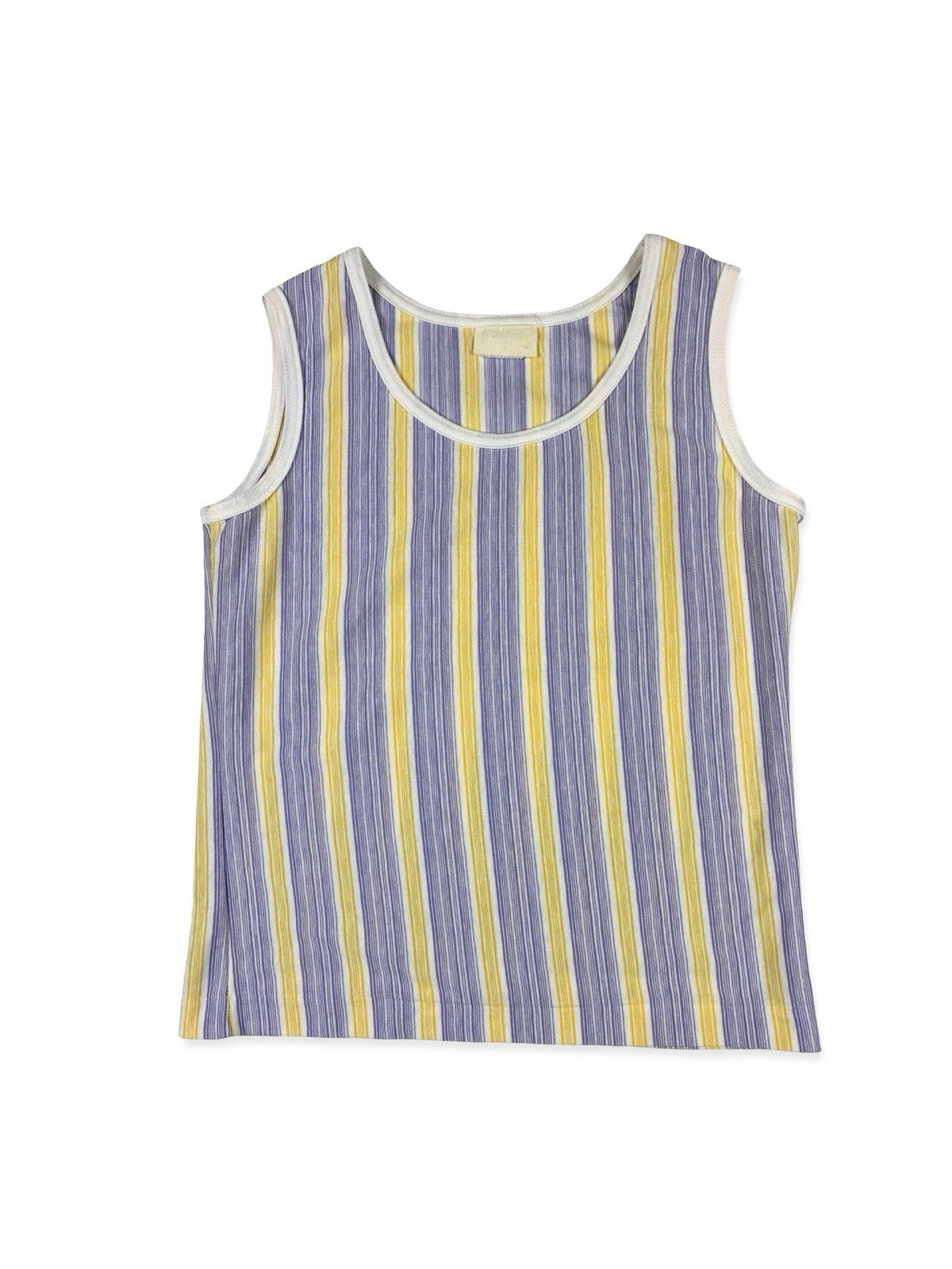 Vintage 1970s Women’s Purple Yellow Poly-Cotton Striped Tank Top Coastal Mod
