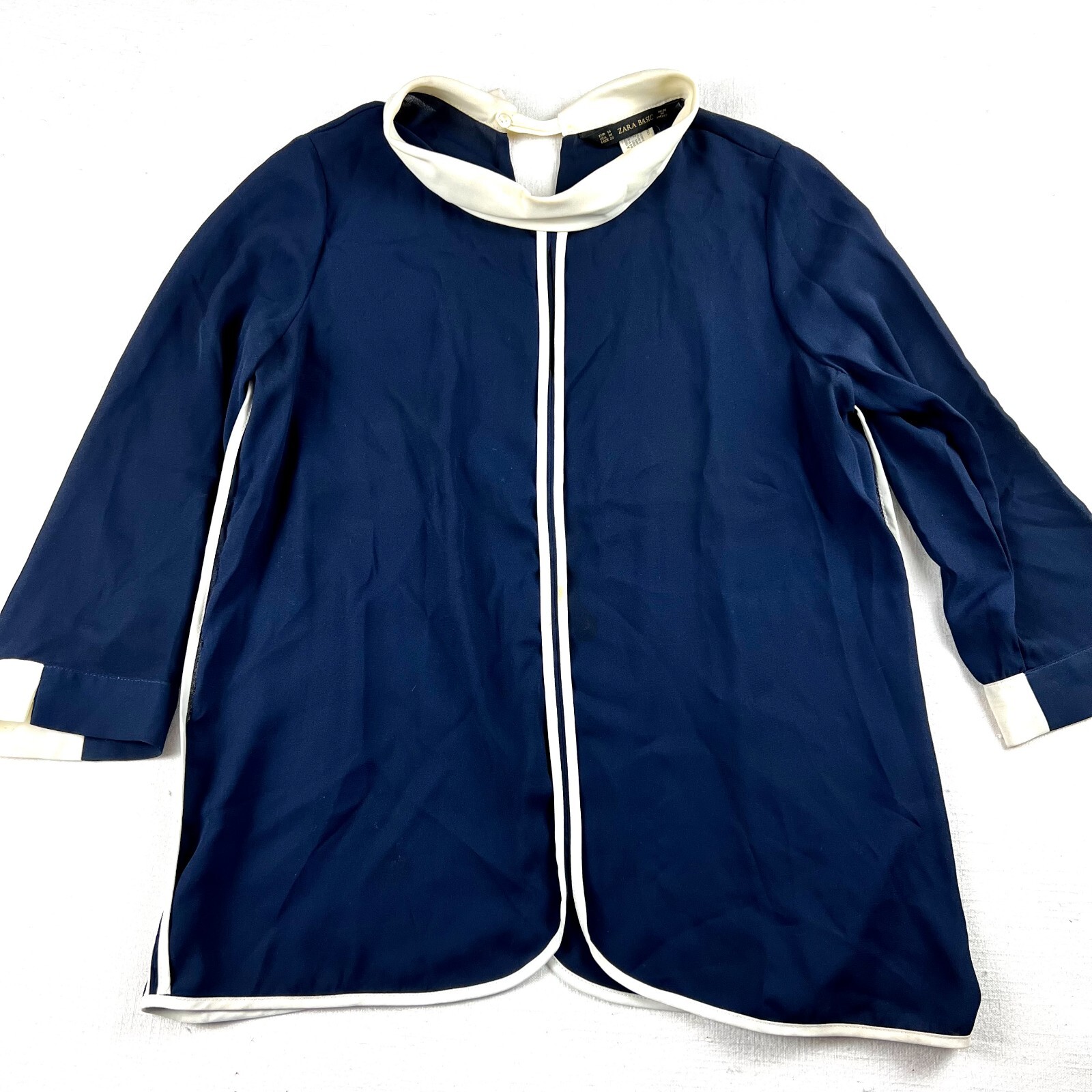 Vintage 90’s Zara Basic Navy Blue White Blouse Tunic Long Sleeve Top ~ Size M