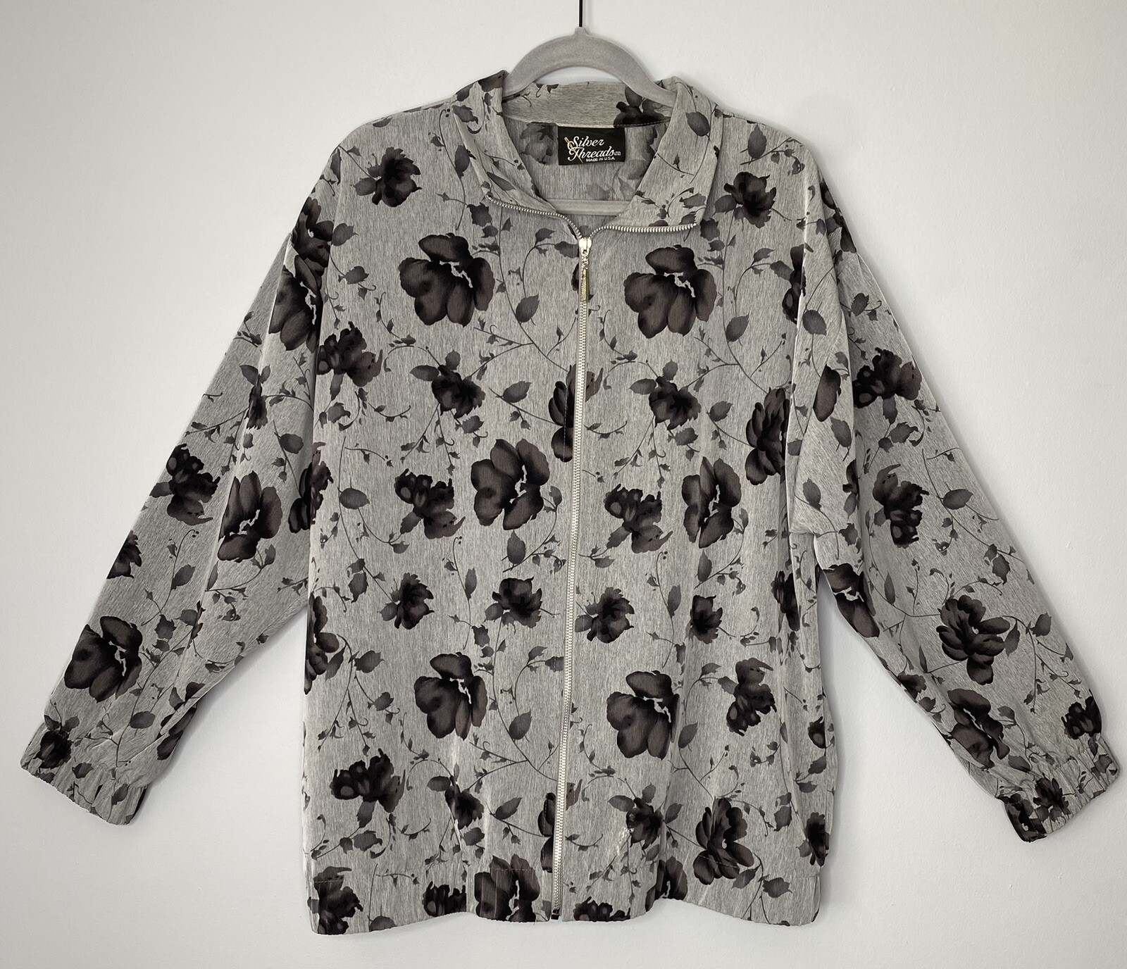 Vintage Silver Threads Jacket Size 1X Y2K Warm Up Parachute Full Zip Gray Floral