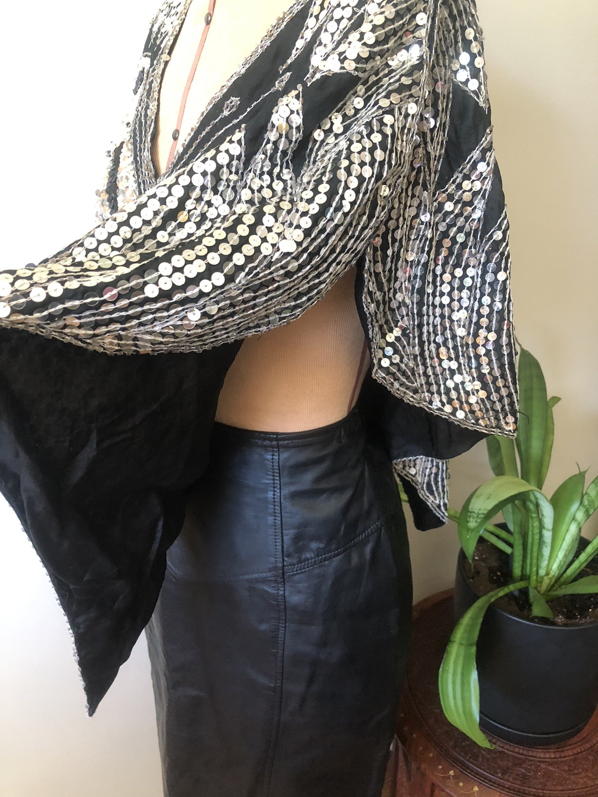 Vintage 1970’s-1980’s Silver And Black Sequin Butterfly Pullover Poncho Capelet