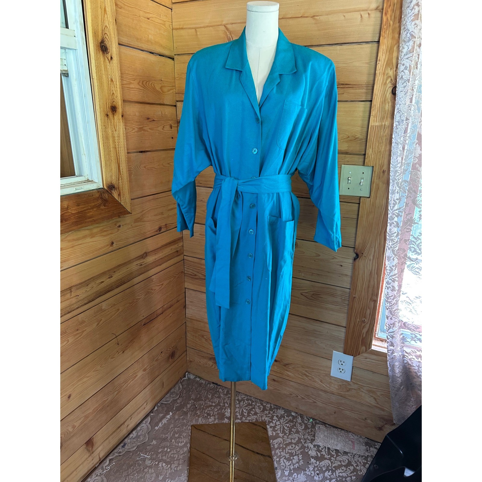 Vintage Silk Shirt Dress Women Size 14 Turquoise Teal Blue Midi Michel Laurent