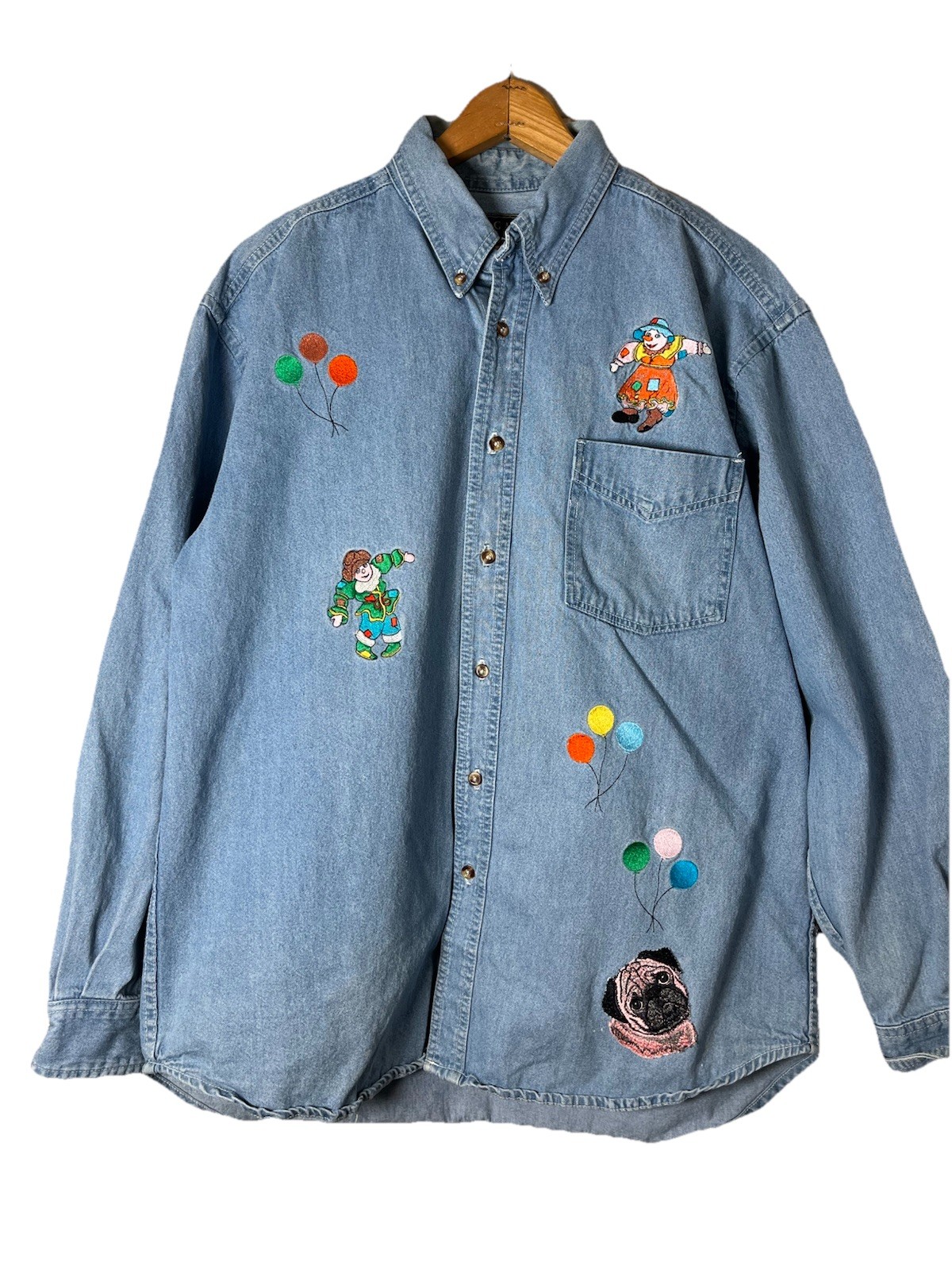 Vintage Denim 80 90s Button Down Clowns Puppy Dog Women’s Size Large Granny Core