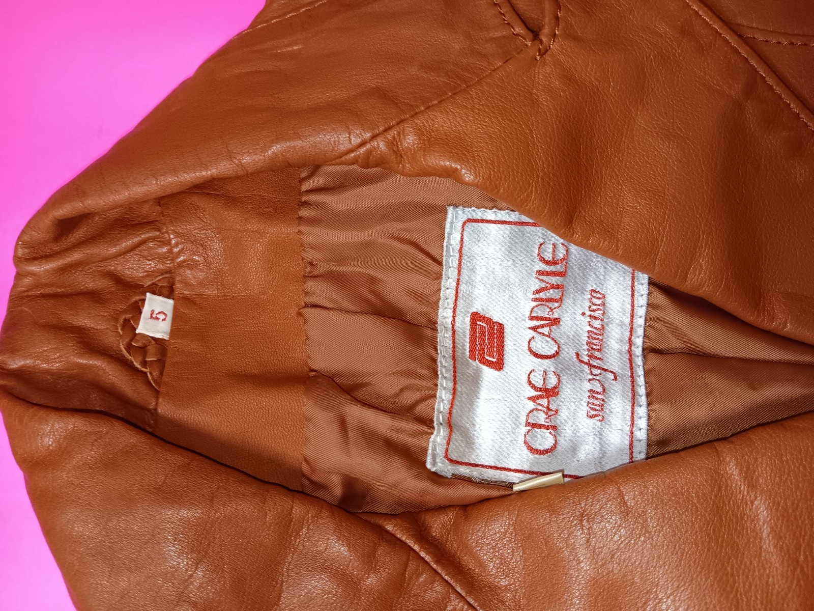 Vintage Leather Jacket Crae Carlyle Size S 70s Glossy Nutmeg Brown Fitted