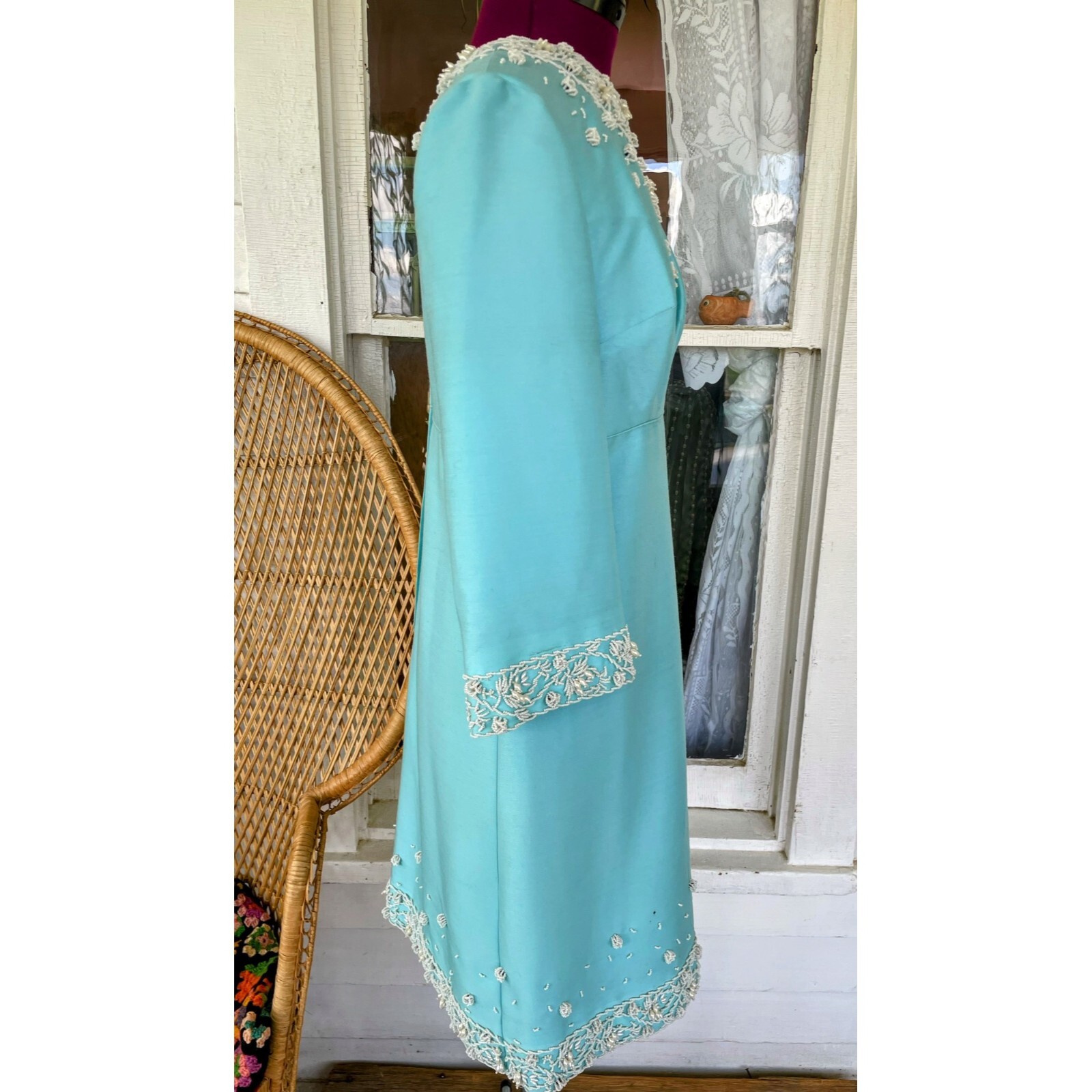 Vintage 1960s Blue Heavy Beaded Silk/wool Blend Midi Dress