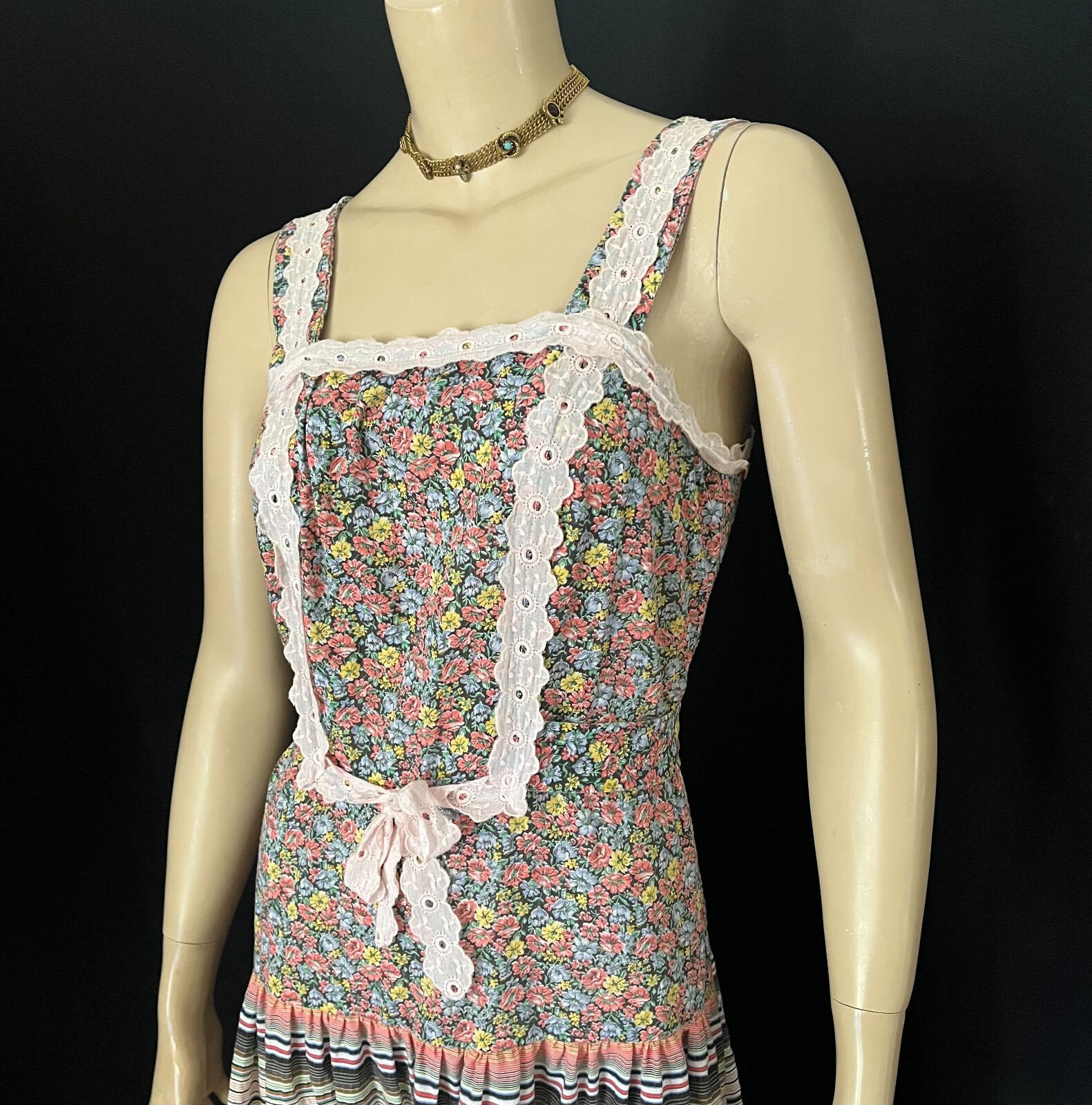 1970s Cottage Core Boho Tiered Maxi Dress, Mr. „B” of SF, California, Sm-Med.
