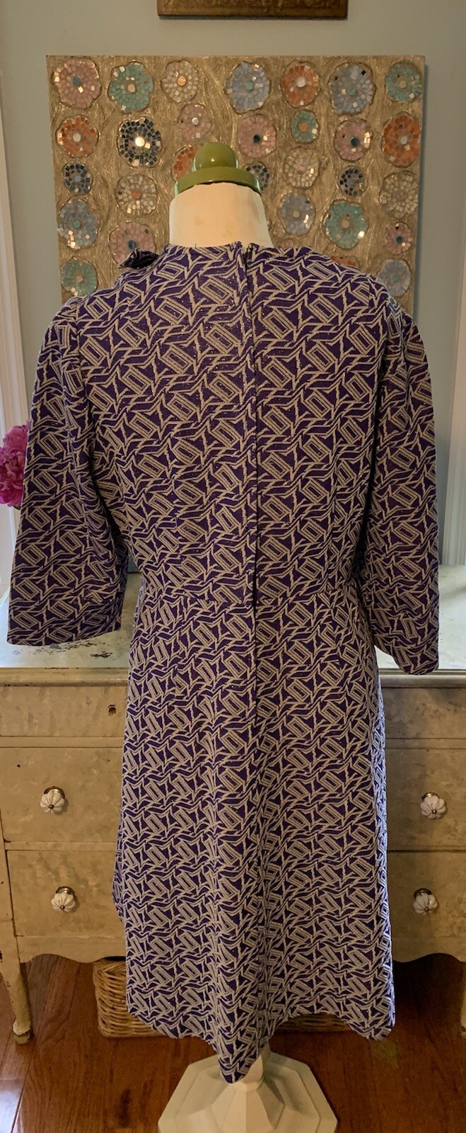 Vintage Custom Purple Metallic Silver Double Knit Stretch Fit & Flare Dress-M/L