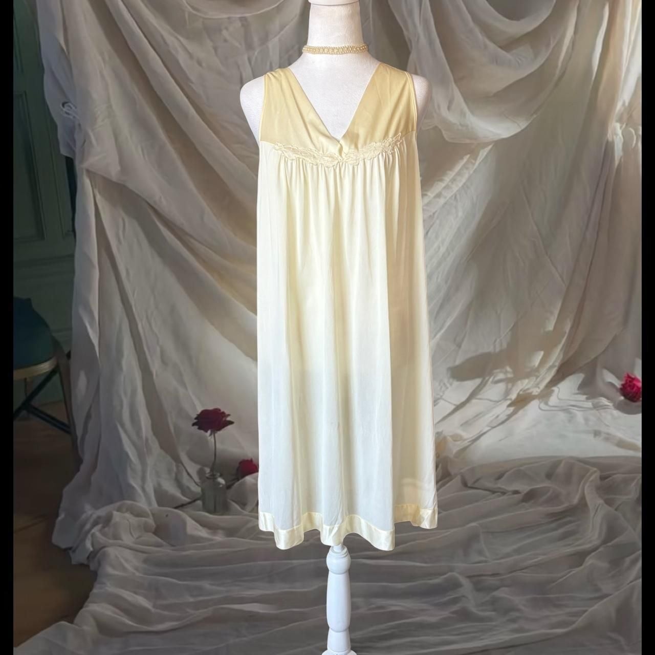Vintage 60s Butter Yellow Satin Lace Trim Slip Dress