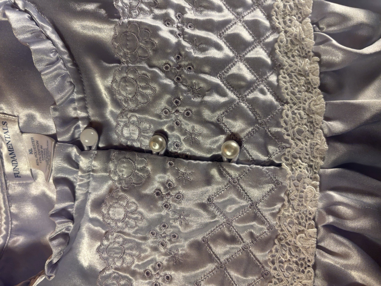 Vtg Satin Soft Lilac Quilted Long White Lace Pearl Frilly Nightie Nightgown XL