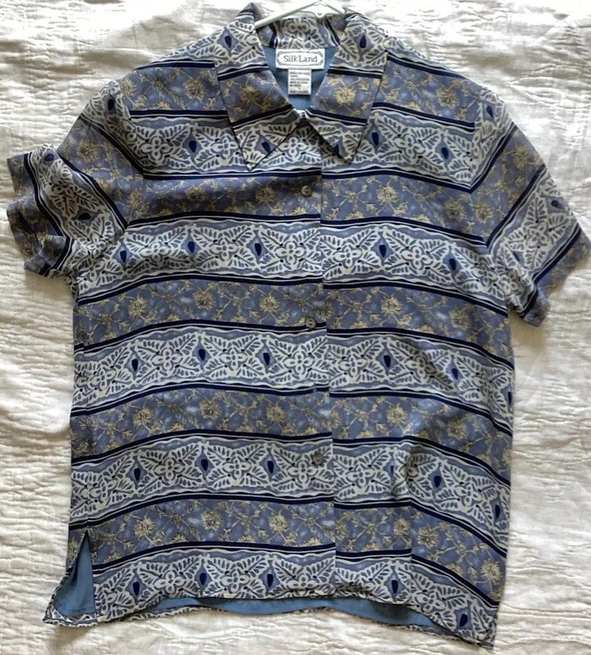 Silk Land Blue Chinese Silk Floral 80’s 90s Womens Collared Blouse SZ 6 Vintage
