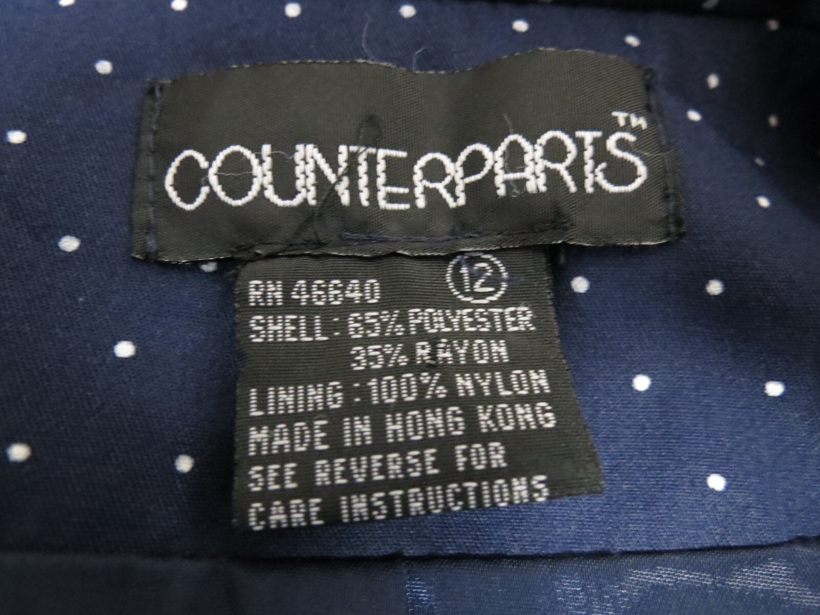 Vintage Size 12 Large Counterparts Navy Blue White Polka Dot Jacket Blazer