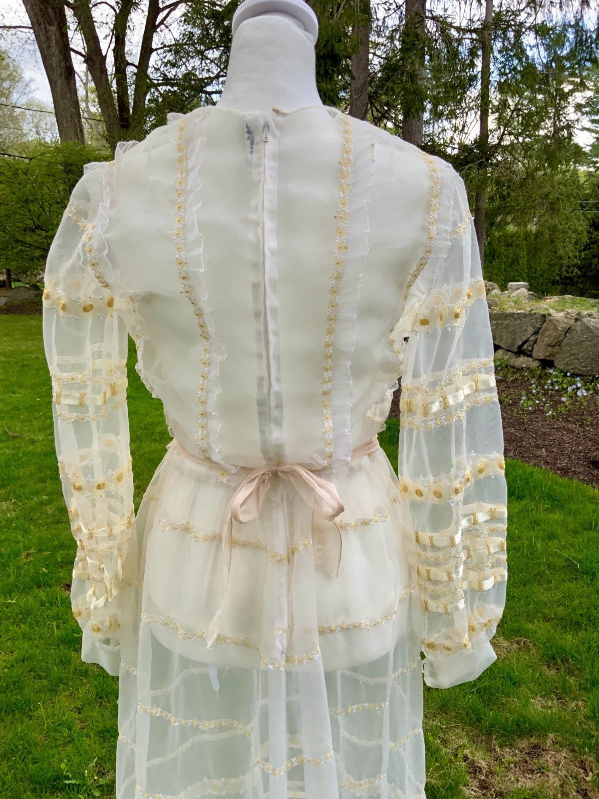 1970s Sheer Romantic Bridal Dress | Edwardian Revival Ivory with Ribbon