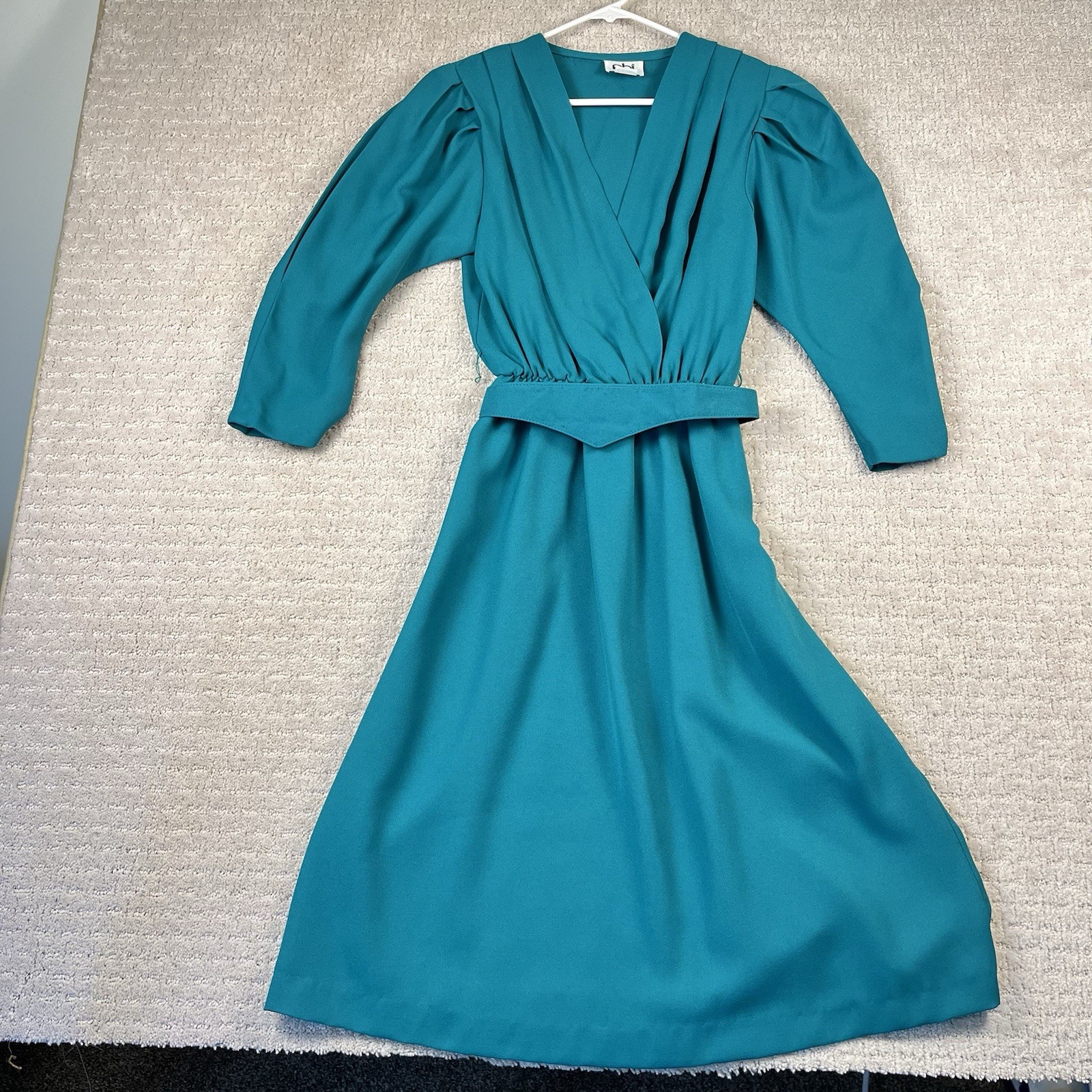 VINTAGE PBJ Dress Womens Juniors Size 13 Midi 3/4 Sleeve Green 70’s/80’s Deep V