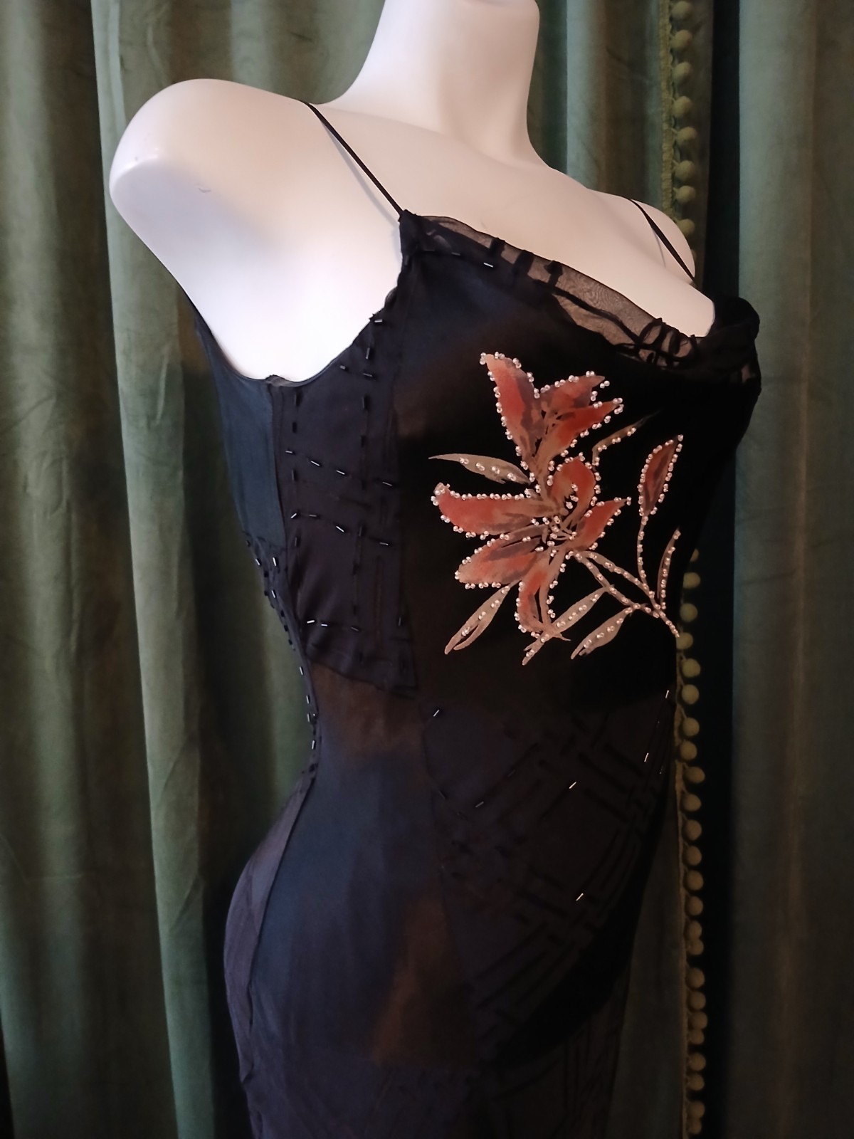 Vintage 90s L’Pogee Black Silk Rayon Floral Beaded Bias Cut Slip Gown Dress 8