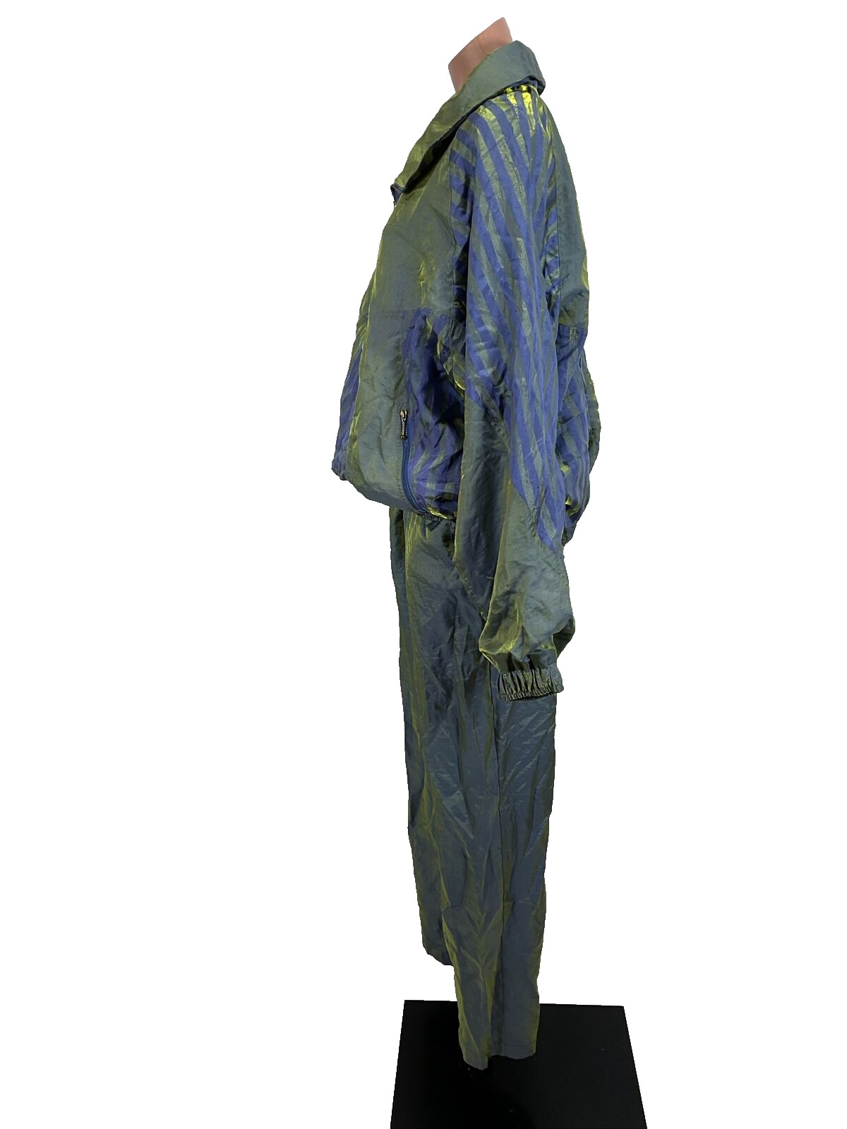 80s 90s Shiny iridescent Purple Green Tracksuit Jacket Pants Vintage L Striped