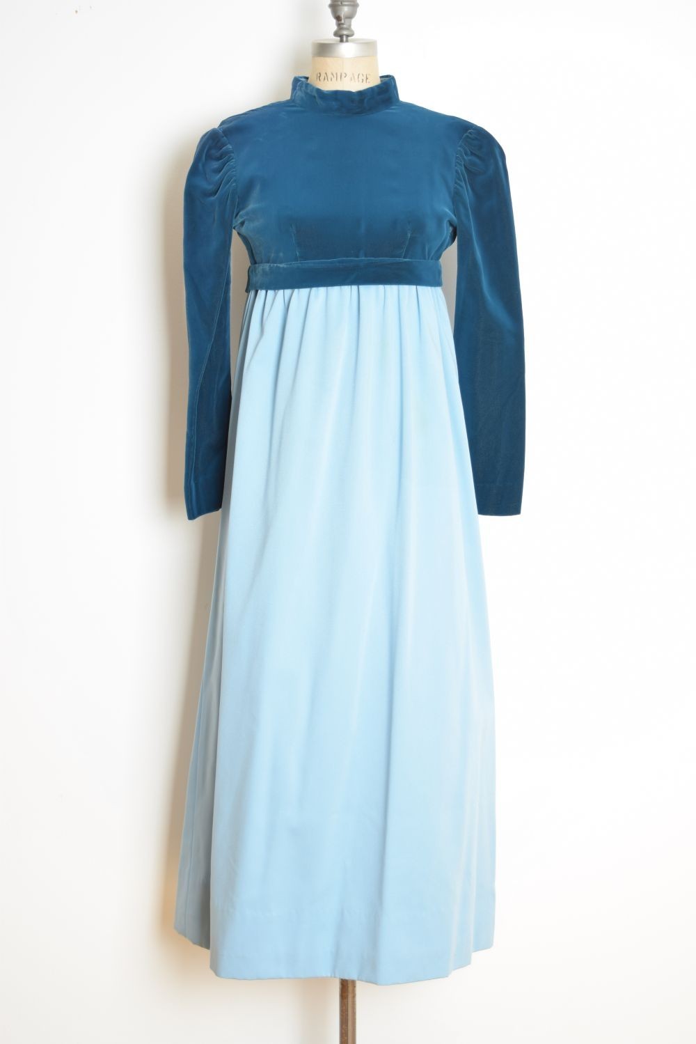 vintage 60s dress blue satin velvet Juliet babydoll empire regency puff maxi XS