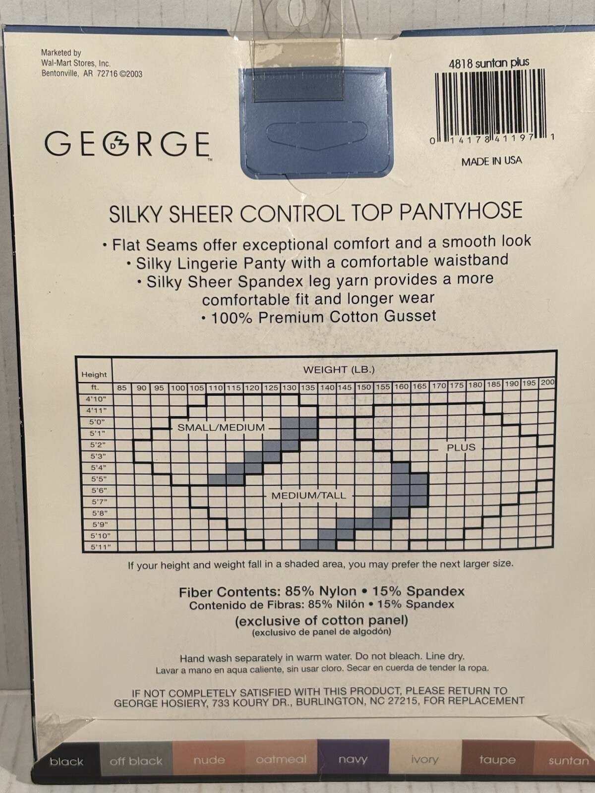 Pantyhose Control Top Silky Sheer Size Plus Suntan Sandalfoot George NEW