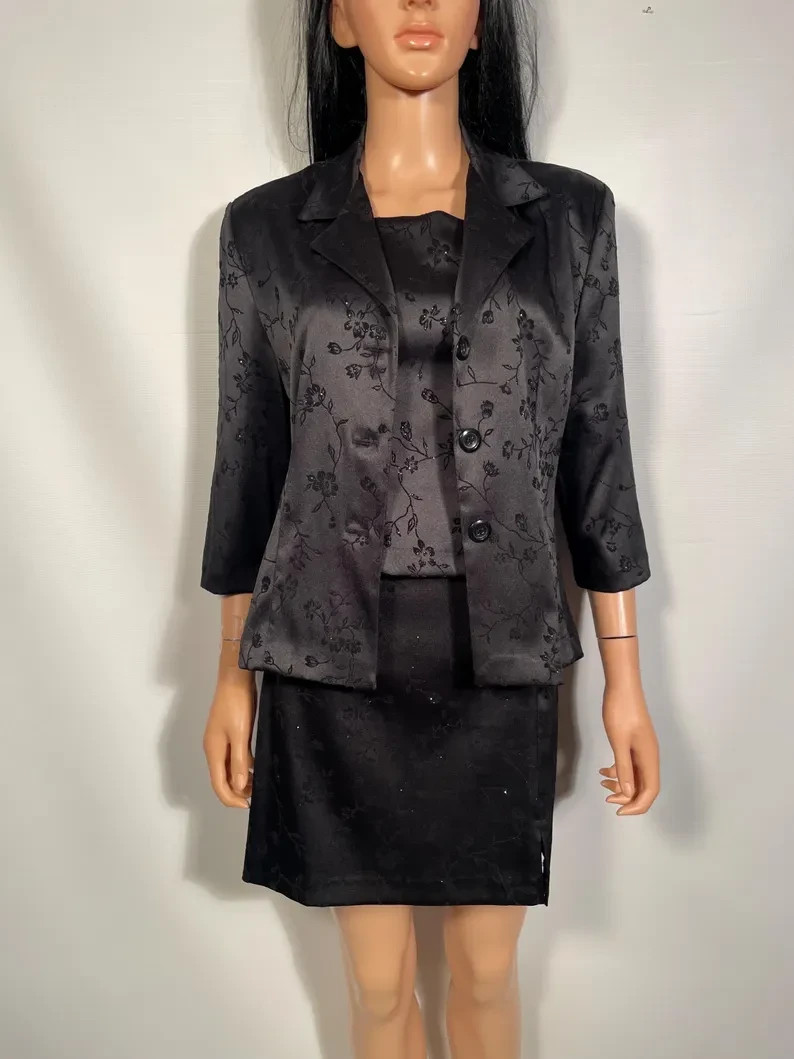 90s Black Satin 3 Piece With Flocked Velvet Glitter Floral Size 11/12 M 30/31 W