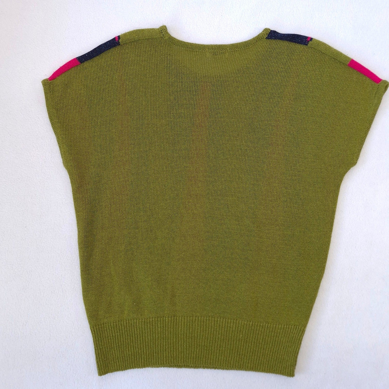 Bell House Sweater Top Green Pink Navy Sz M Vintage 80s Geometric Metallic Knit