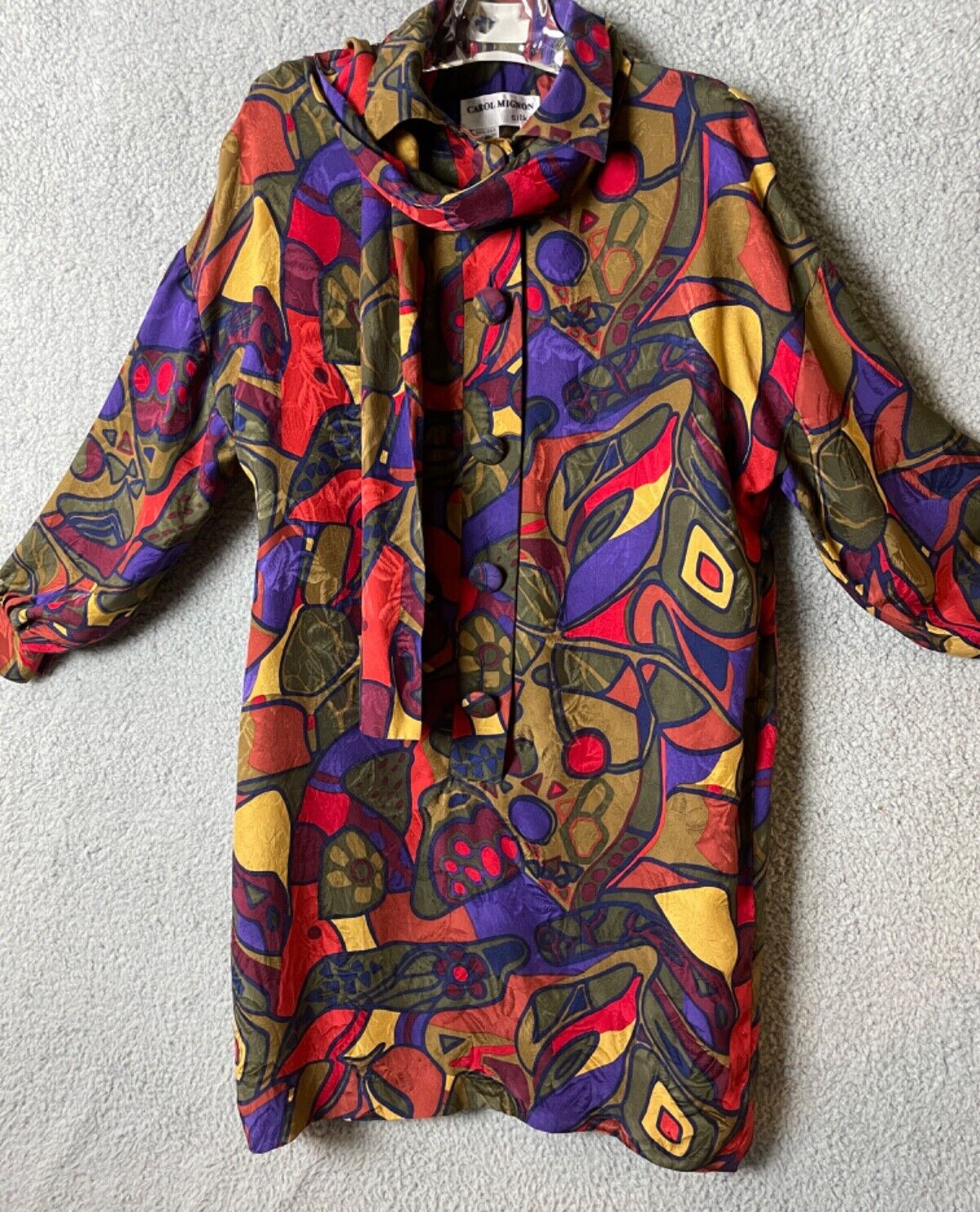 Vintage Carol Mignon Silks Dress 10 Multicolor Abstract Buttons Shift Tie VTG