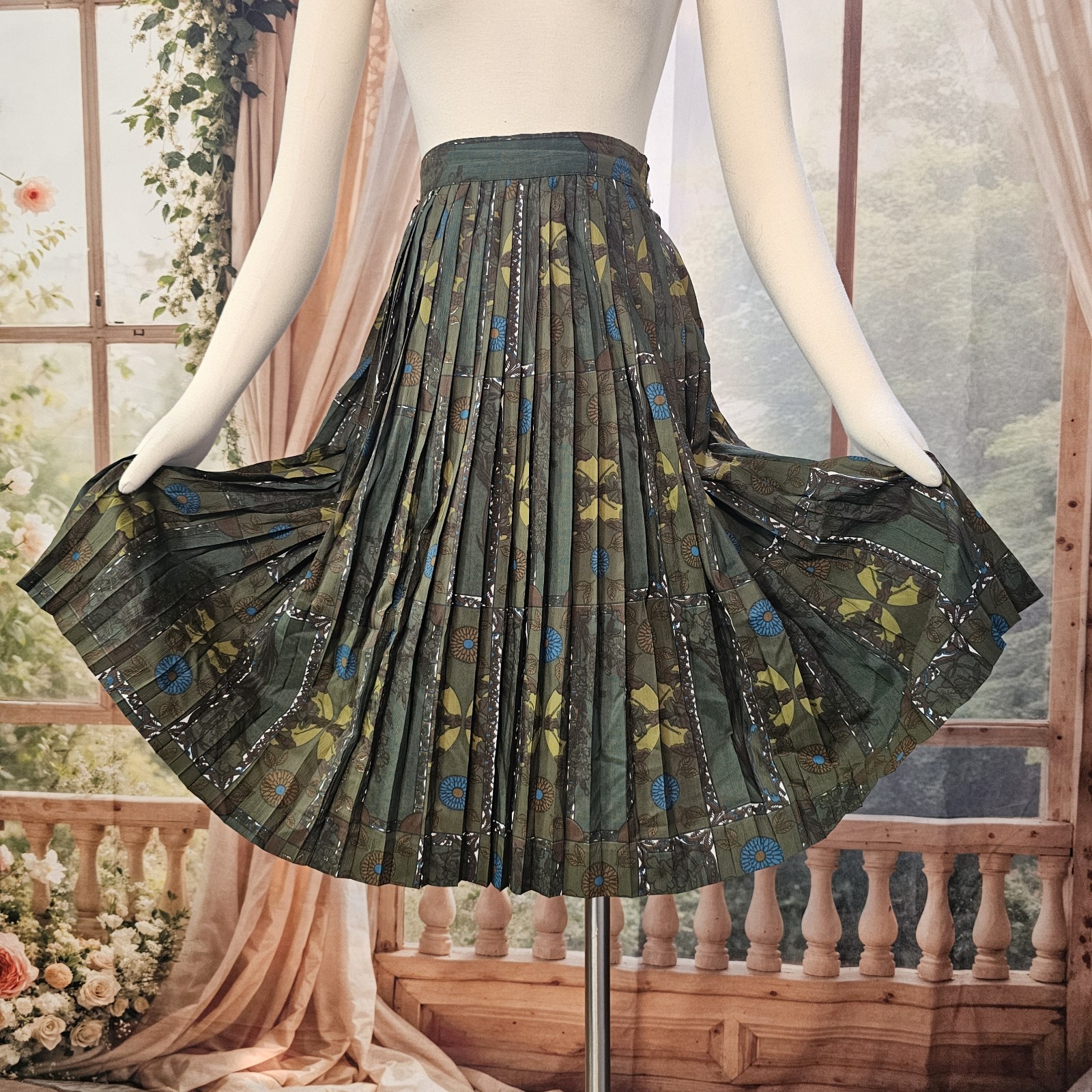 Vintage 1960’s Blouse Skirt Set Back Button Closures Pleated Skirt Olive Blue