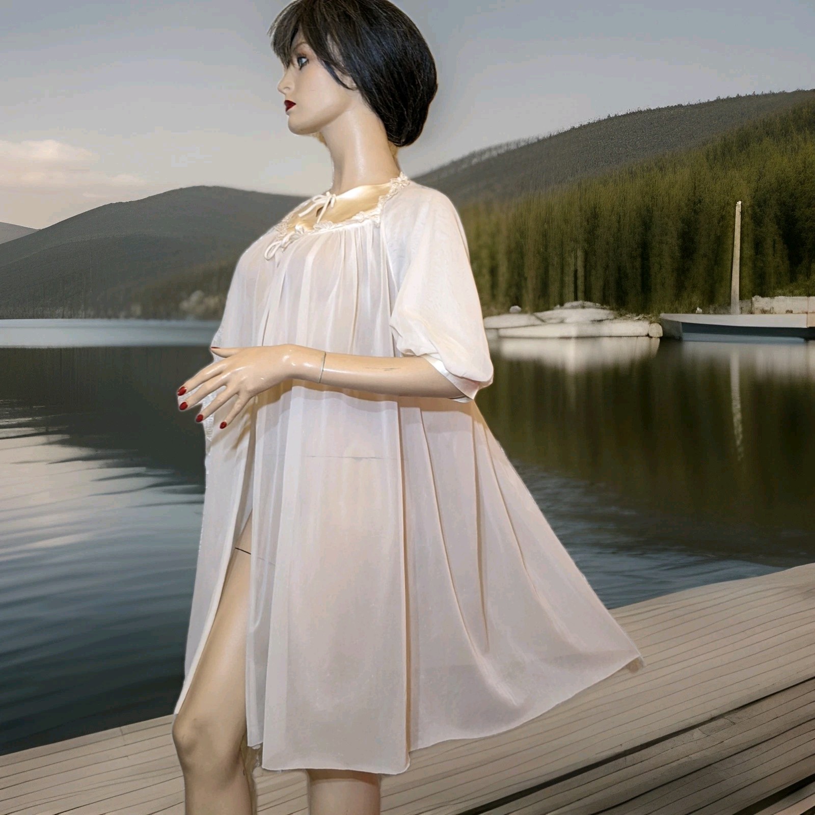 Vintage Satin Yoke Sheer Chiffon Peignoir Dressing Gown Babydoll Style Robe