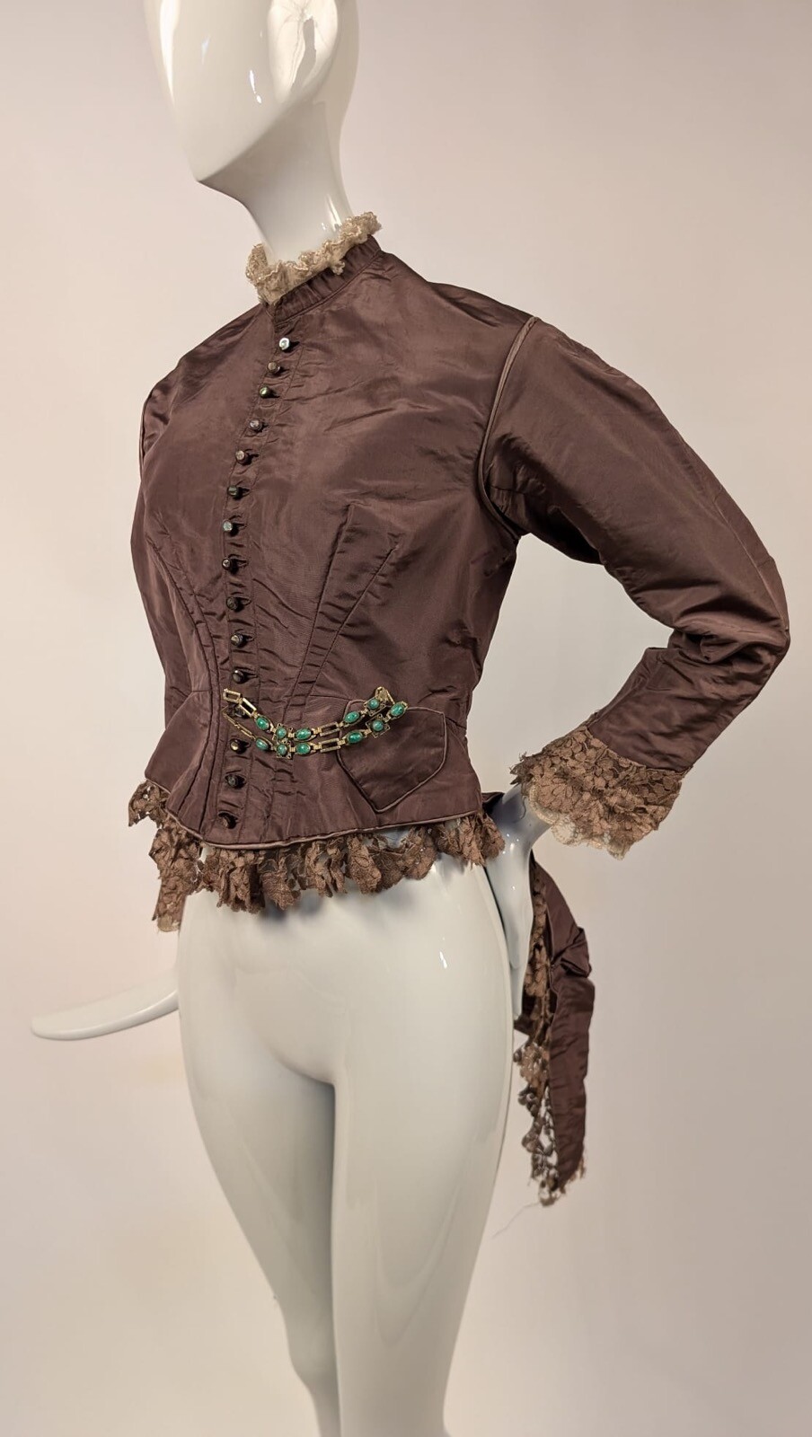 VICTORIAN LATE 1860’S BUSTLE BACK JACKET FOR DRESS W WATCH POCKET + MICA BUTTONS