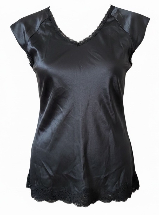VTG Leggs Black Satin Lace V Neck Camisole Tank Top Padded Shoulders Nylon USA