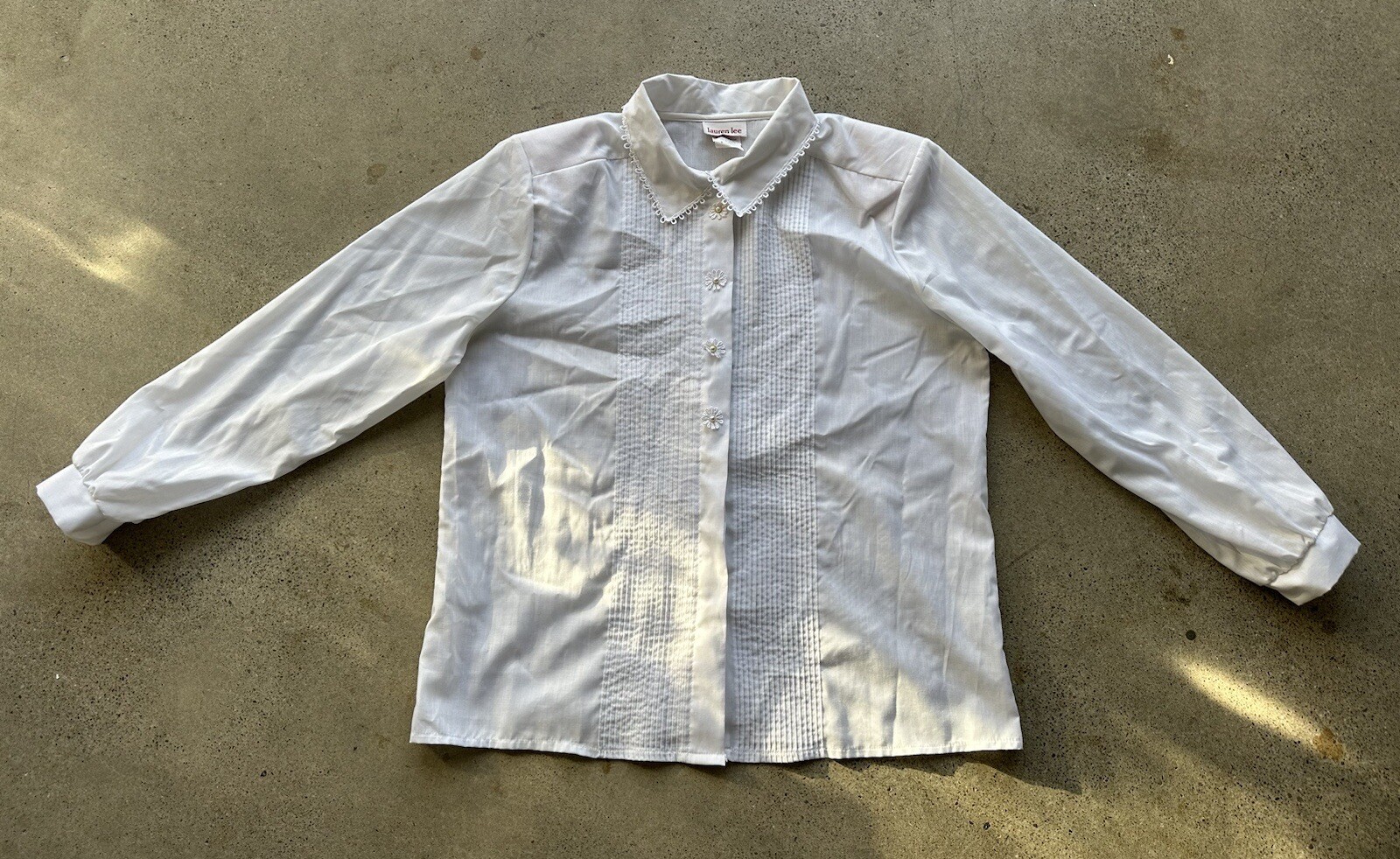 Vintage 80s Lauren Lee White Polycotton Embellished Floral Button Blouse Size 14