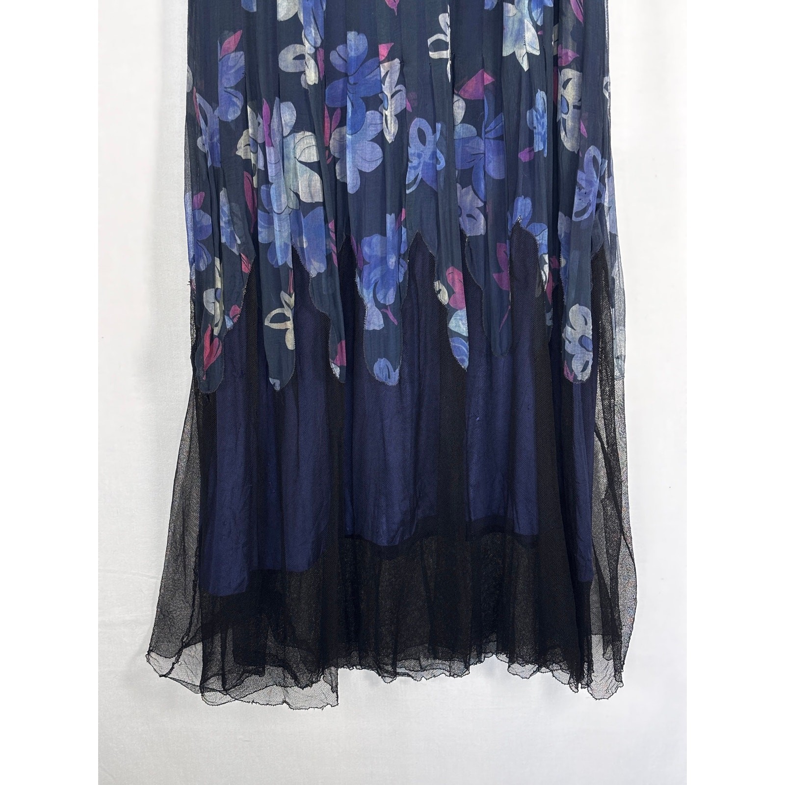Antique 1920s Navy Floral Silk Dress Flapper Era Flutter Sleeve Drop Waist