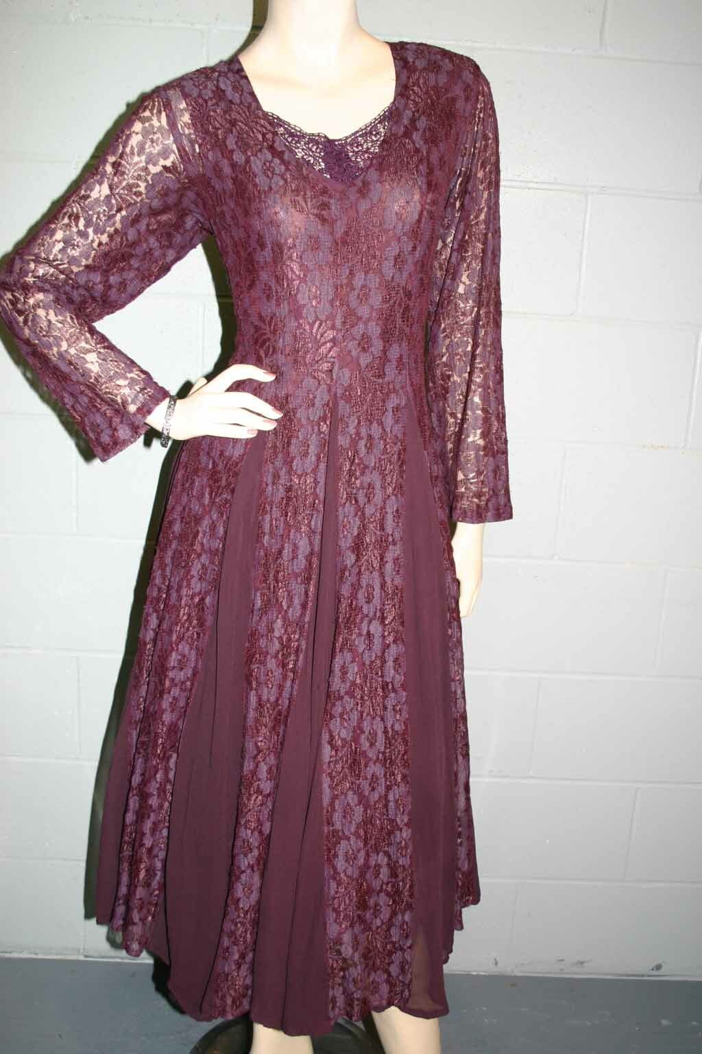 S Vtg 90s STARINA Midi Dress LACE LINED Rayon Purple Plum Flared Gored Skirt