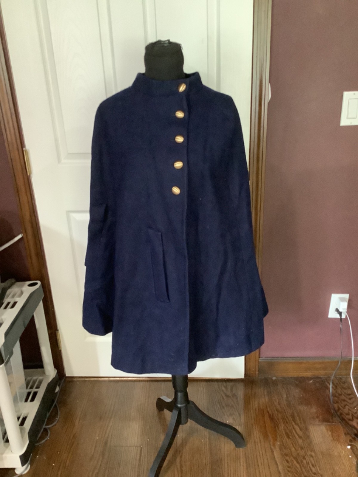 vtg 1960s Jerold Navy blue wool cape coat w/ gold buttons O/S