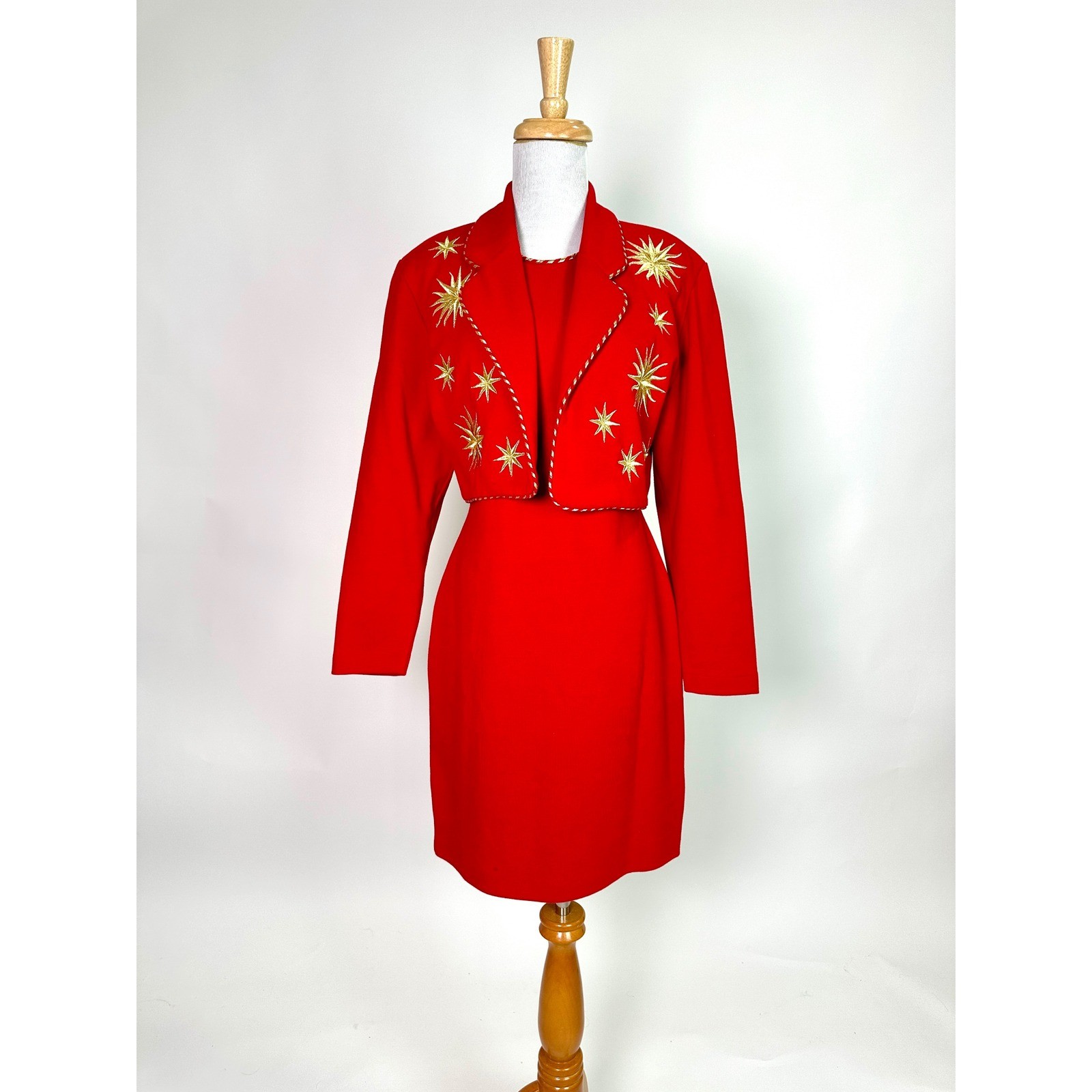 Vintage Andrea Jovine 80s Dress Jacket Set Red Gold Star Embroidery Western Glam
