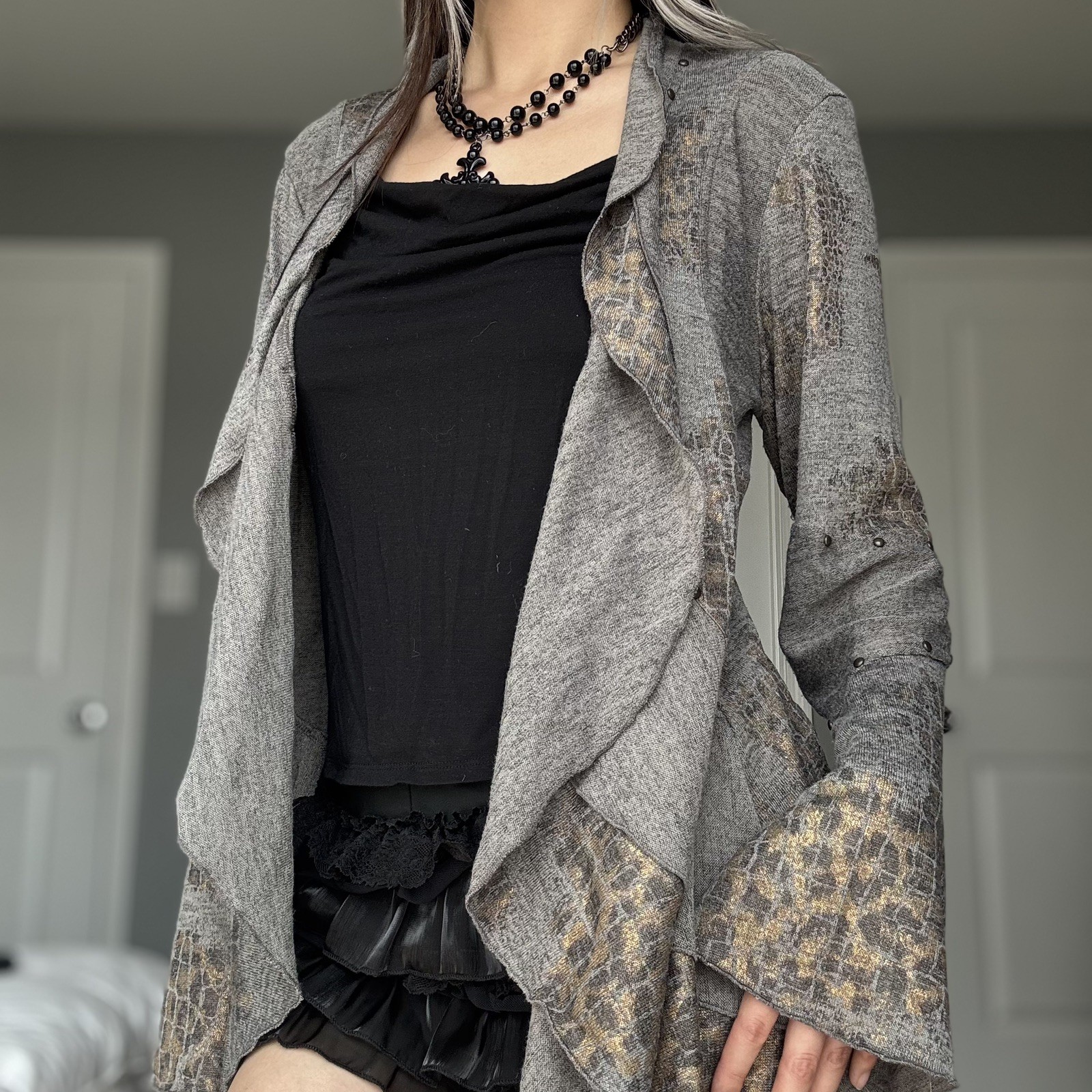 Vintage Mishca Leopard Print Gold Studded Layered Ruffle Cardigan (Women’s M)