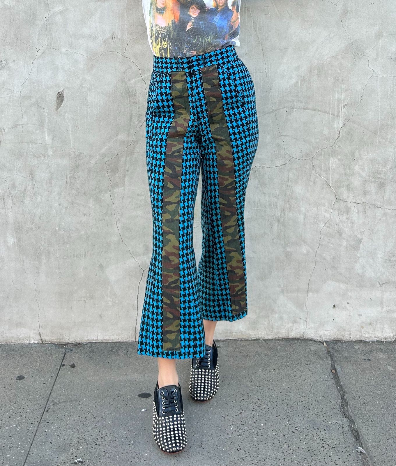 Comme Des Garcon 1990S CHUNKY WOVEN HOUNDSTOOTH & CAMO LIGHT FLARE TROUSERS Blue