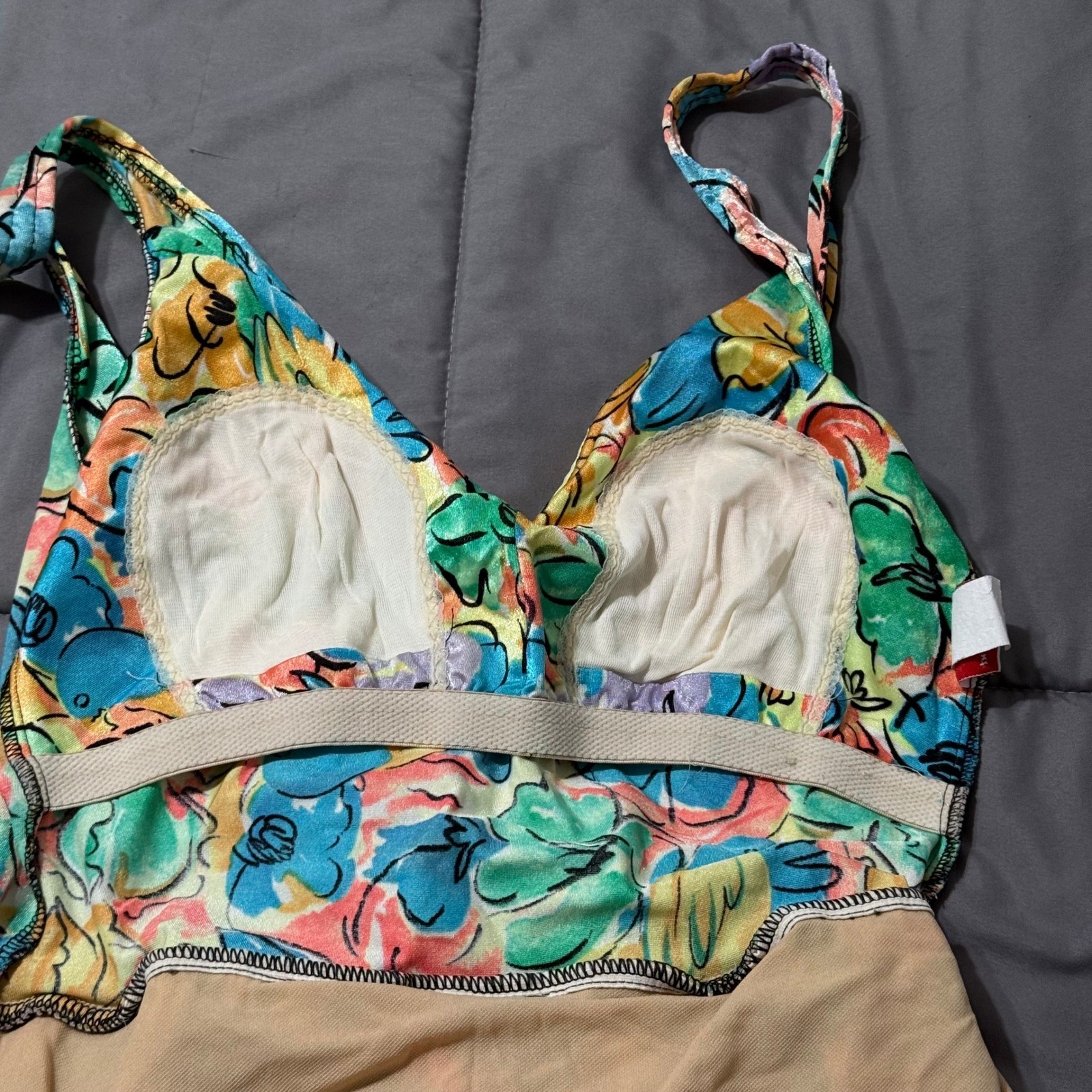 Maxine of Hollywood Vintage Floral Romper Swimsuit Blue Yellow Pink Size 14 USA