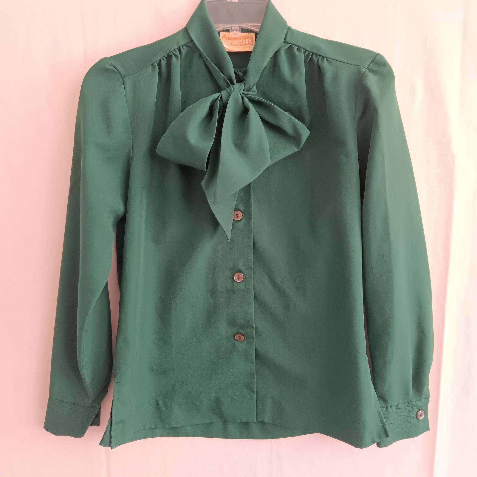 Careerlook Blouse Women Medium Green Excellent Vintage Tie Neck Button Up Top