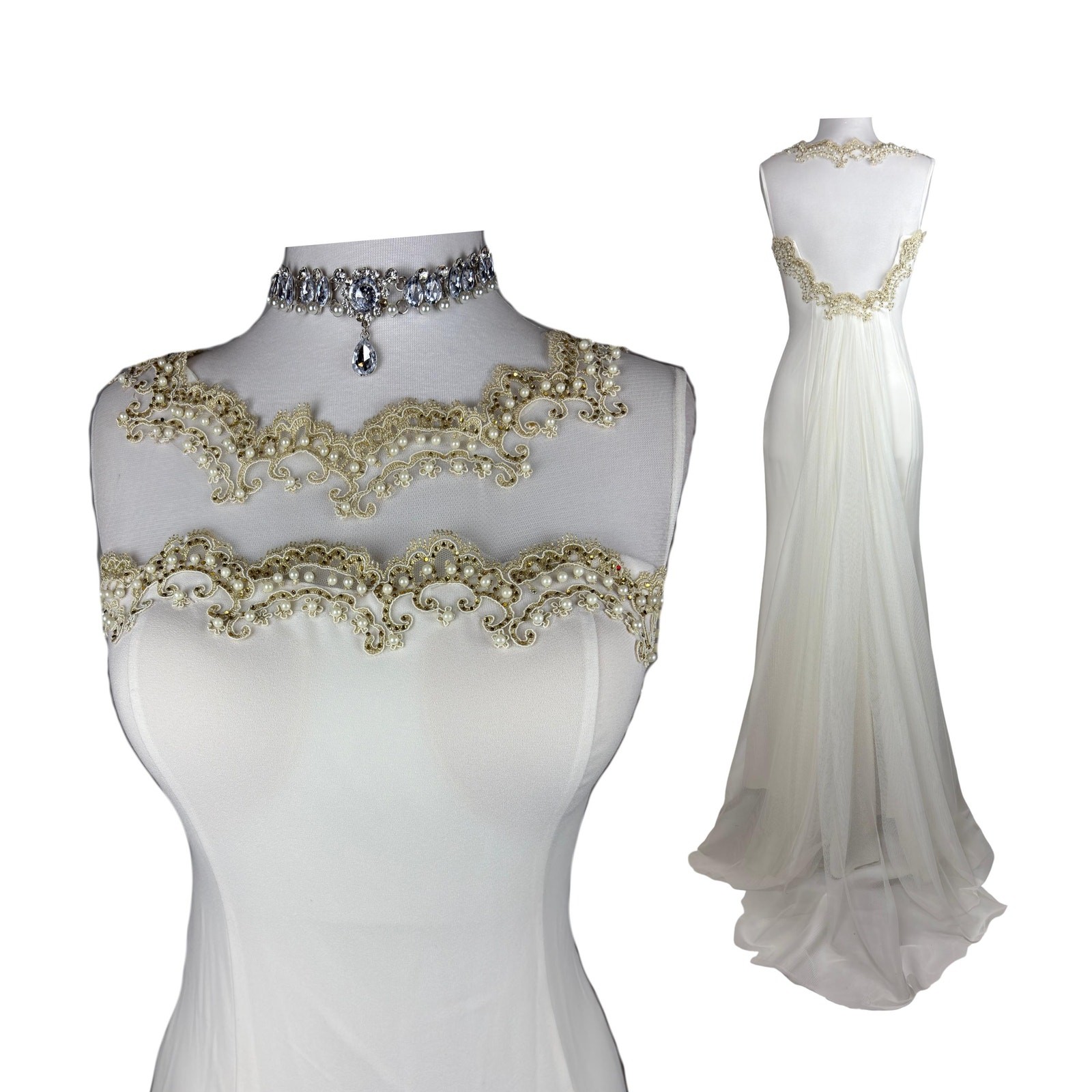Vintage Pearl Beaded Illusion Back Mermaid Wedding Dress Bride